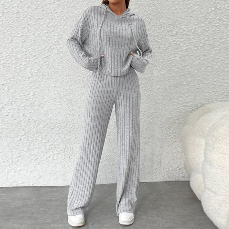 Women Autumn Winter Solid Color Loose Knitted Sweatshirt Suit Casual Long Sleeved Striped Hoodie Long Straight Leg Pants Two-piece Set