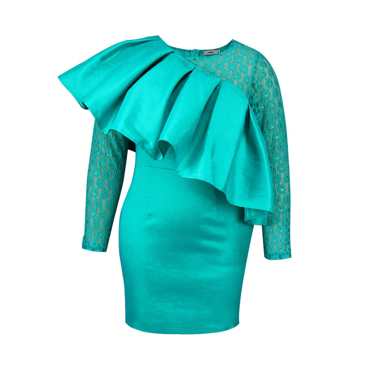 AOMEI Green Bodycon Dress for Women See Through Lace Sleeve Ruffles High Waist Sheath Evening Party Gowns