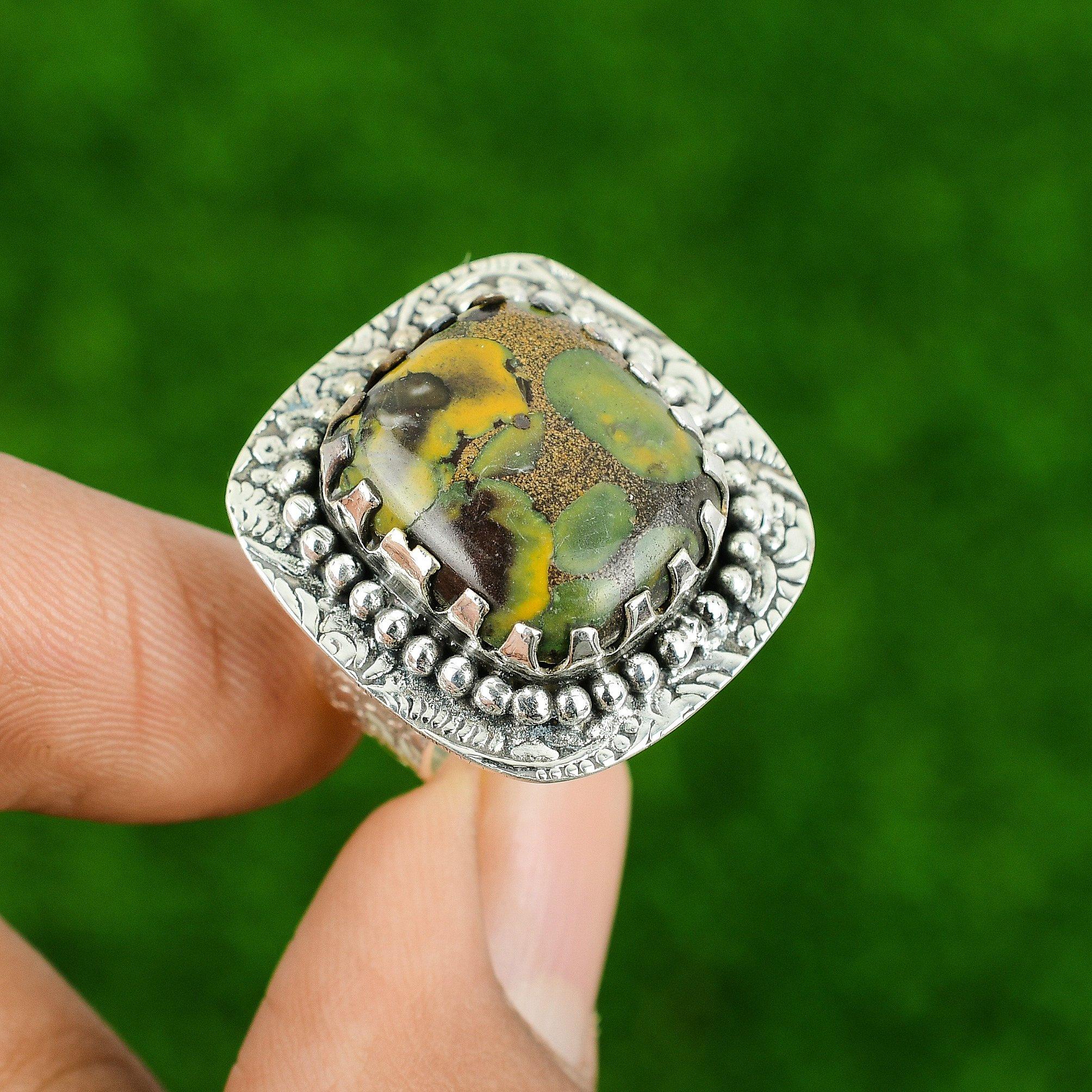 Sterling Silver Natural Rhyolite Ethnic Statement Bezel Daughter Ring US 8.25