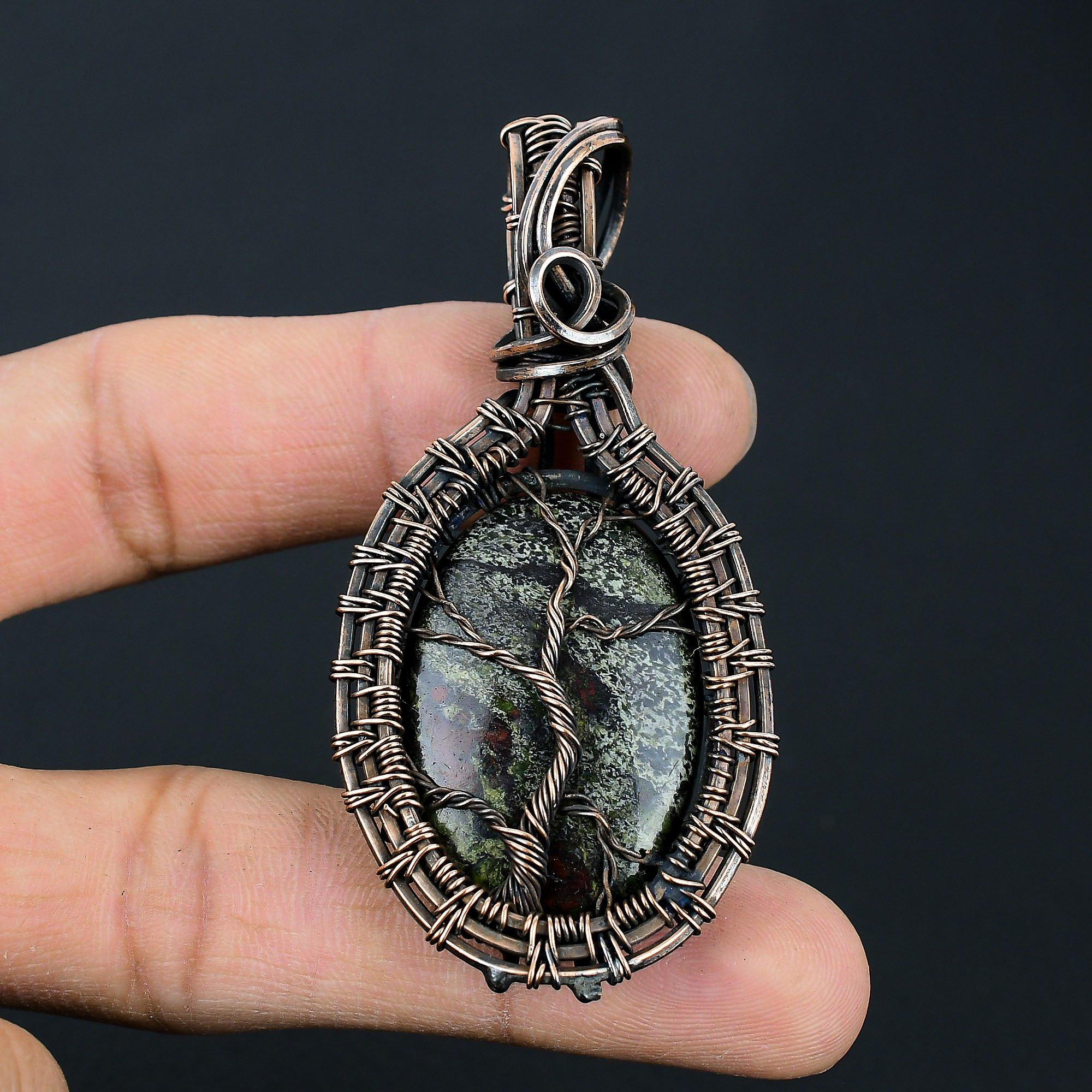 Tree Of Life Dragon Blood Jasper Gemstone Handmade Jewelry Pure Copper Wire Wrap Pendant