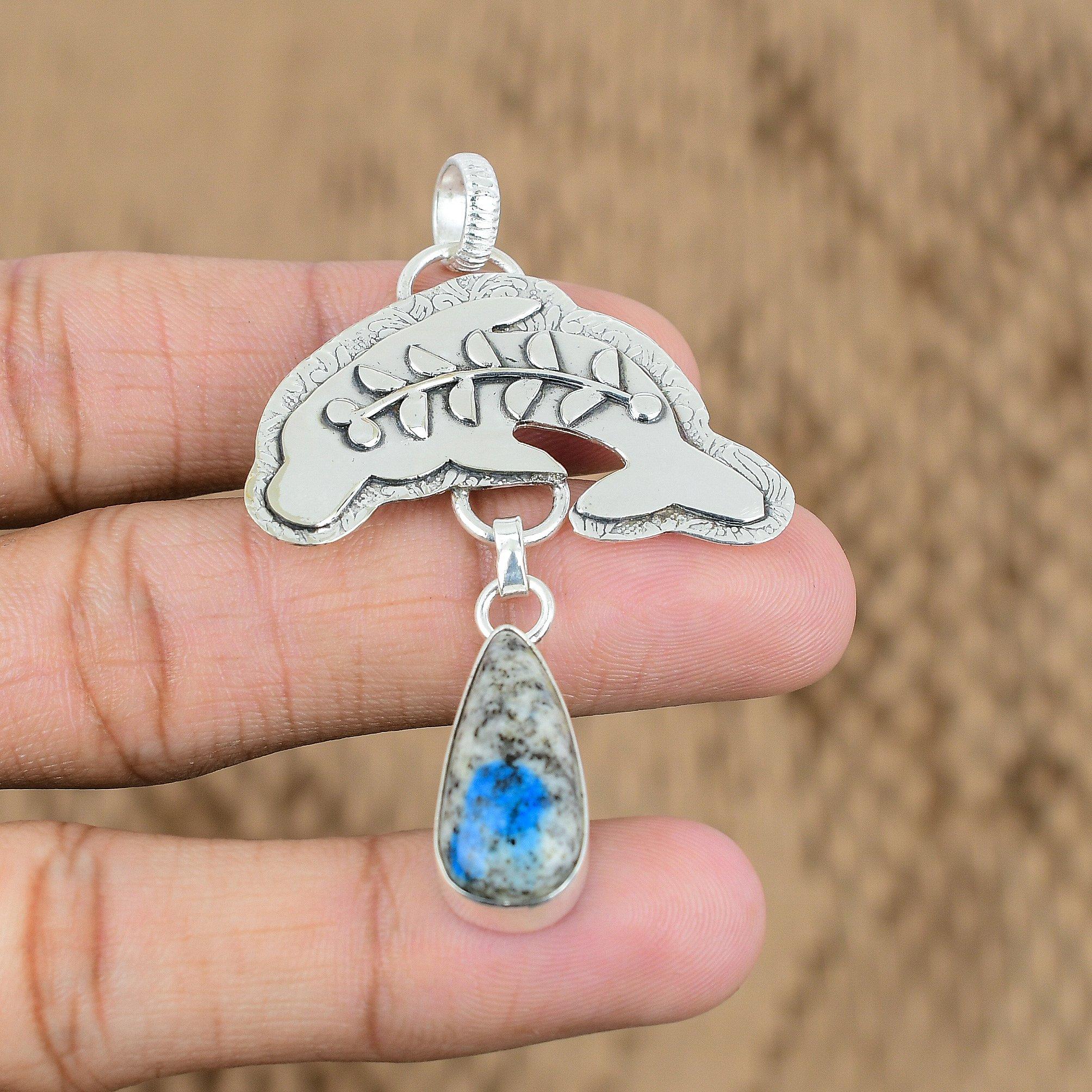 Natural K2 Jasper Gemstone Pendant Fish 925 Sterling Silver Jewelry For Women