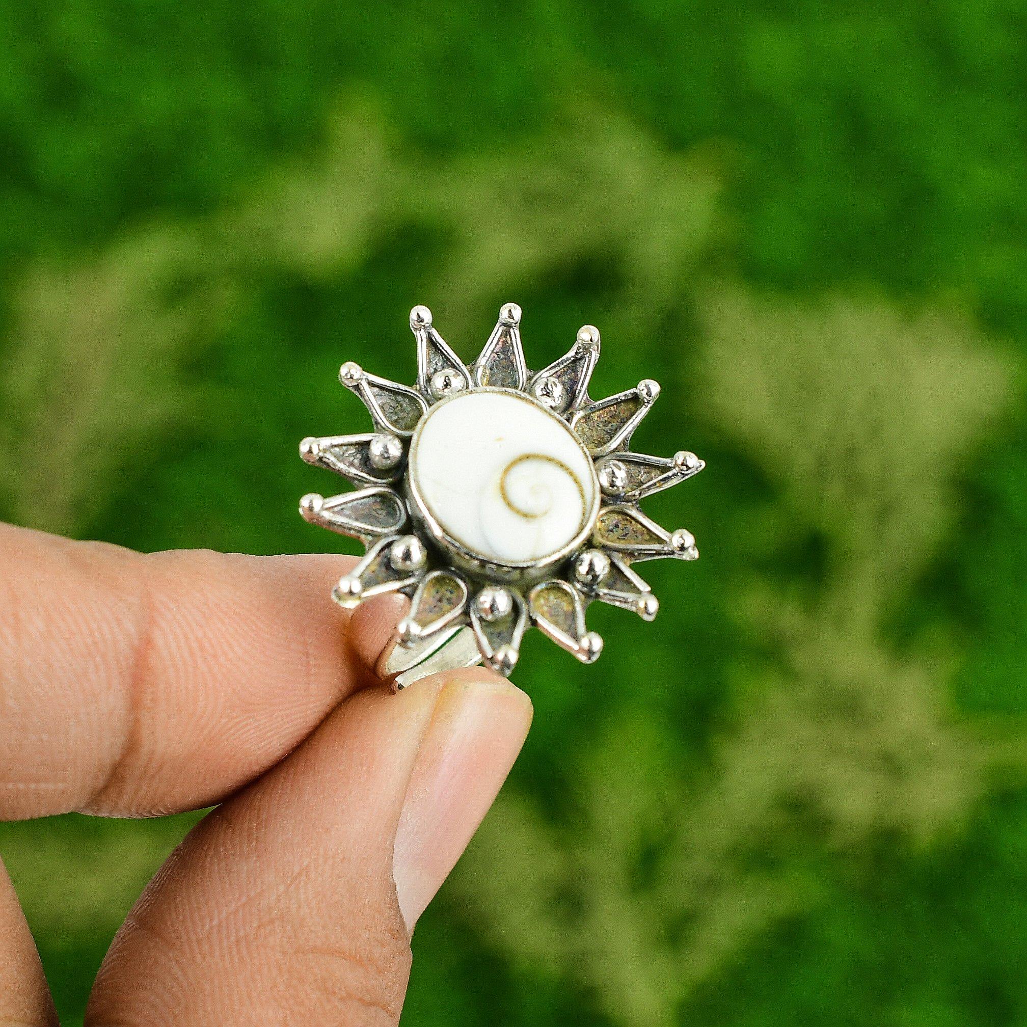 Natural Shiva Eye Shell Gemstone Promise Flower White Adjustable Ring 925 Silver