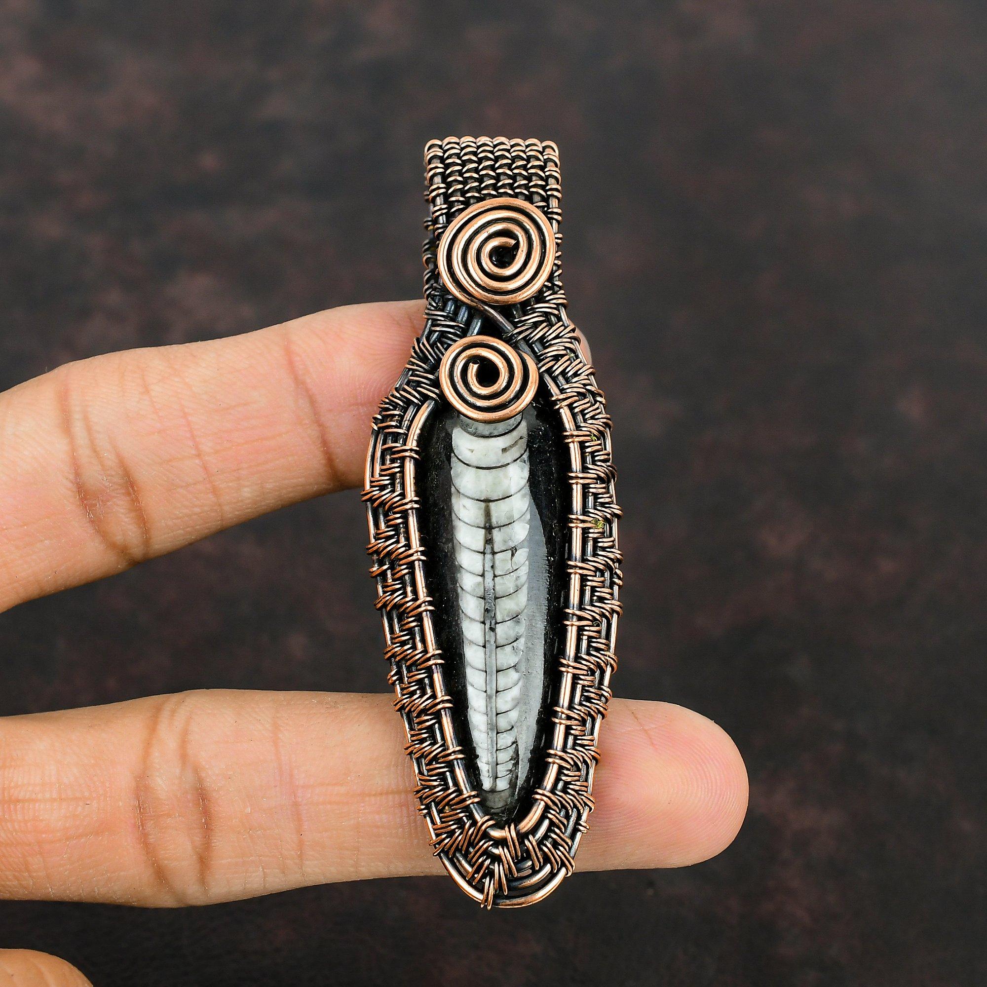 Orthoceras Fossil Pendant Copper Wire Wrapped Pendant Handmade Unique Pendant Copper Wire Wrap Jewelry Natural Gemstone Pendant Gift For Her