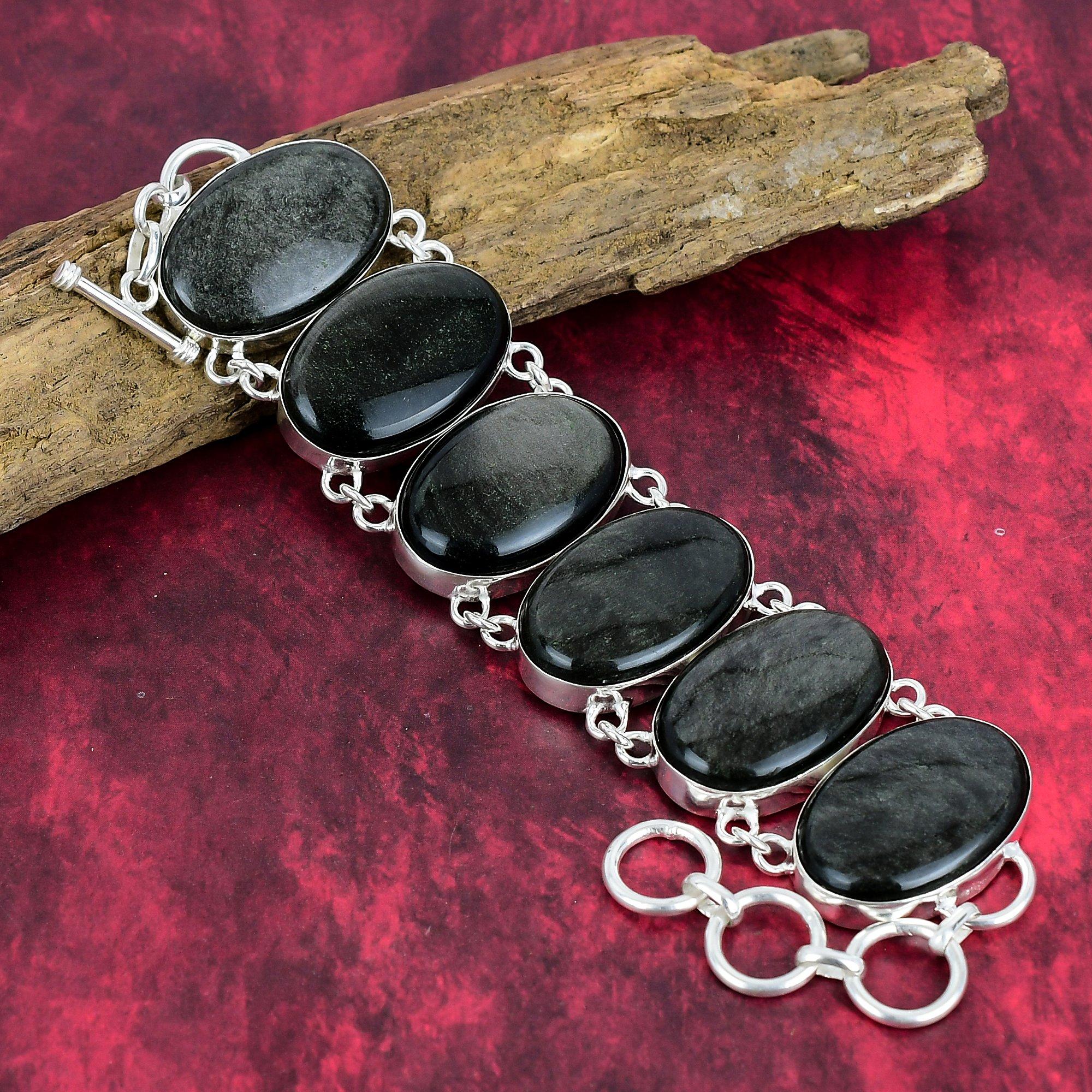 Golden Sheen Obsidian Gemstone Bracelet, 925 Solid Sterling Silver Bracelet, Handmade Adjustable Chain Bracelet, Obsidian Jewelry Gift For Her