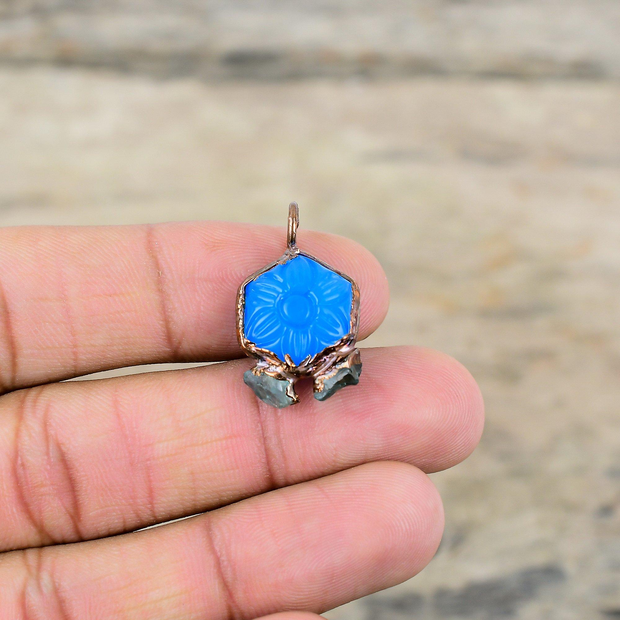 Carved Blue Onyx With Aquamarine Rough Pendant Electroformed Copper Pendant Handmade Pendants Gemstone Electroformed Jewelry Wedding Gifts