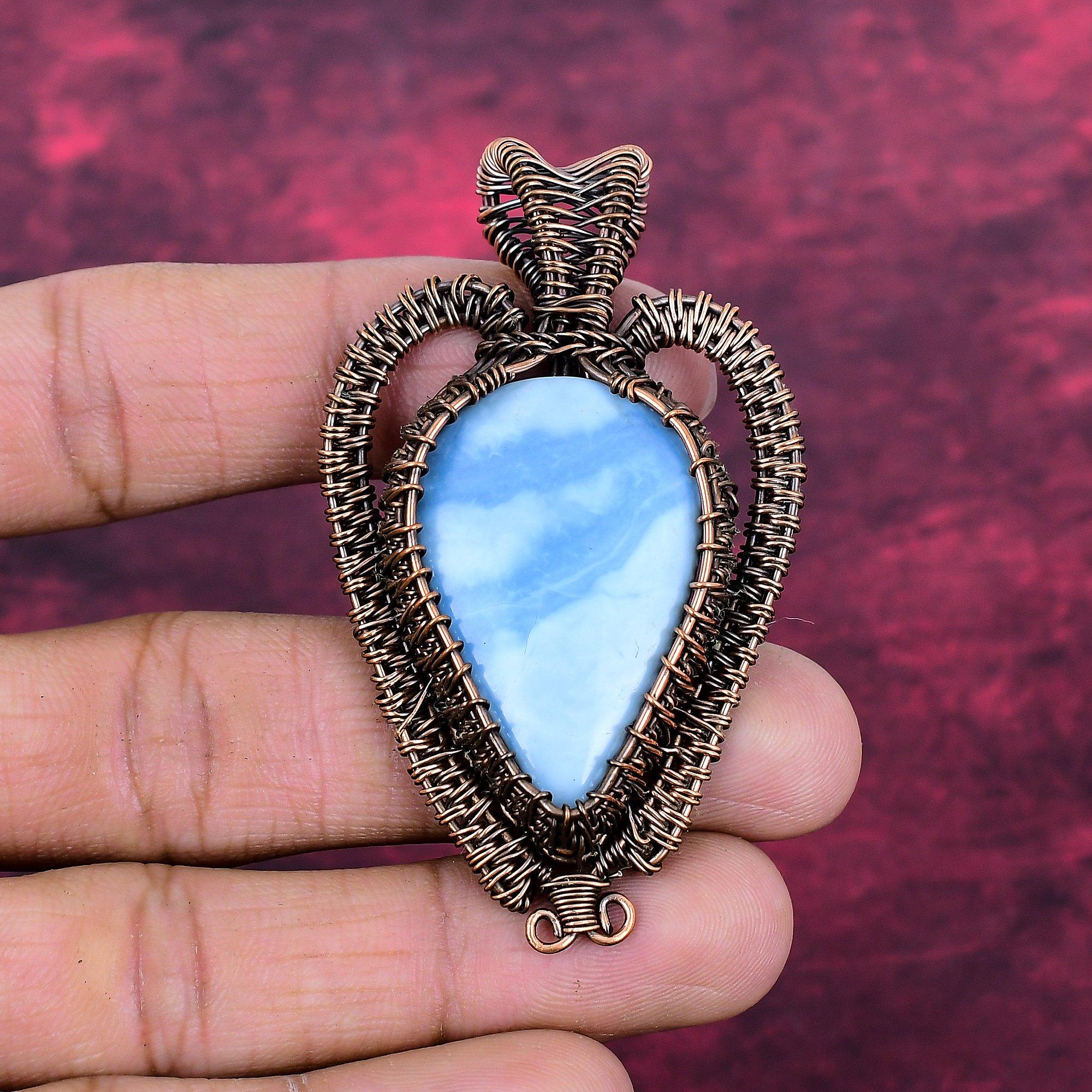 Owyhee Blue Opal Pendant Handmade Pendant Gemstone Copper Wire Wrapped Jewelry