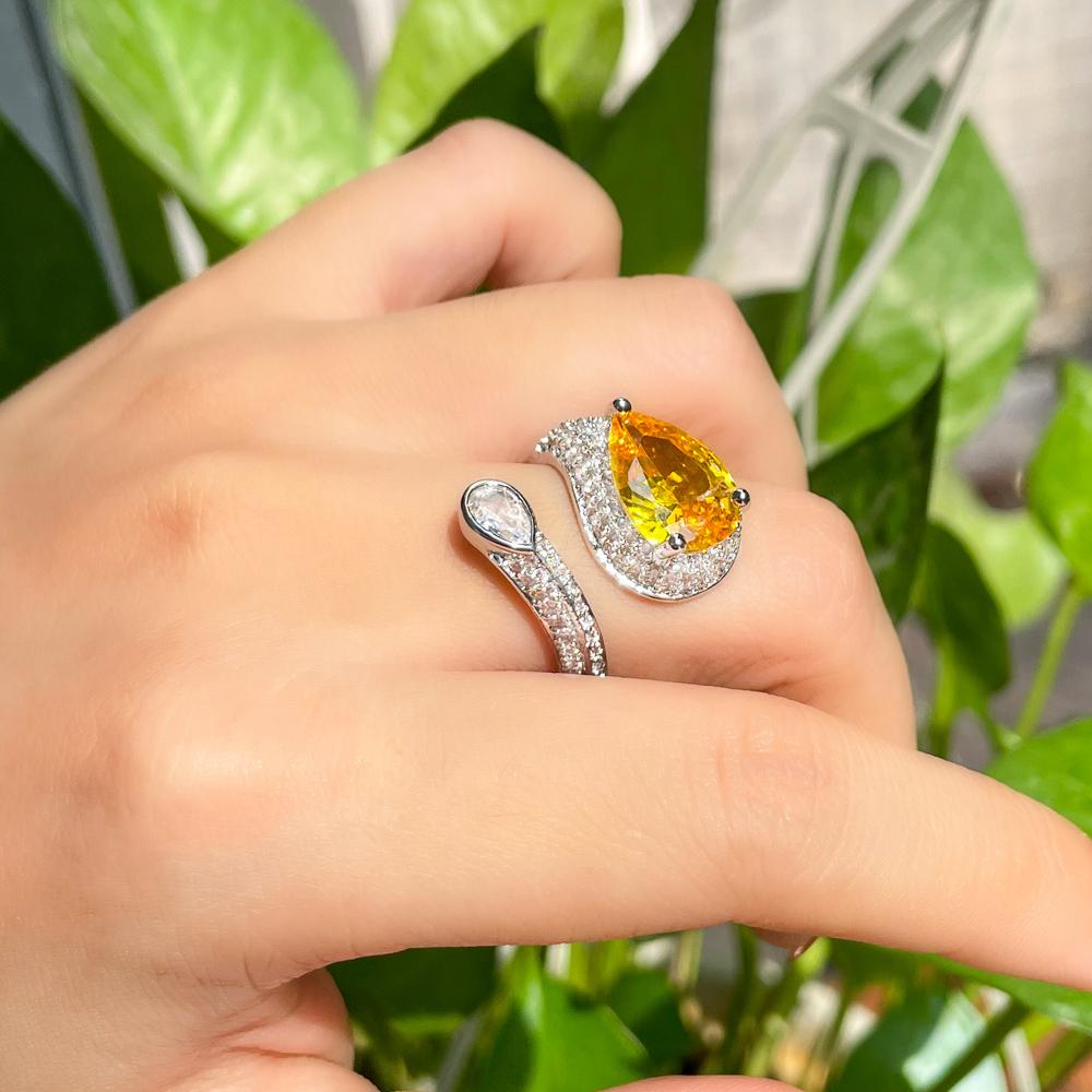 CMM Joias Estilo Europeu Amarelo Zircônia Grande Abertura Anel Geométrico para Mulheres