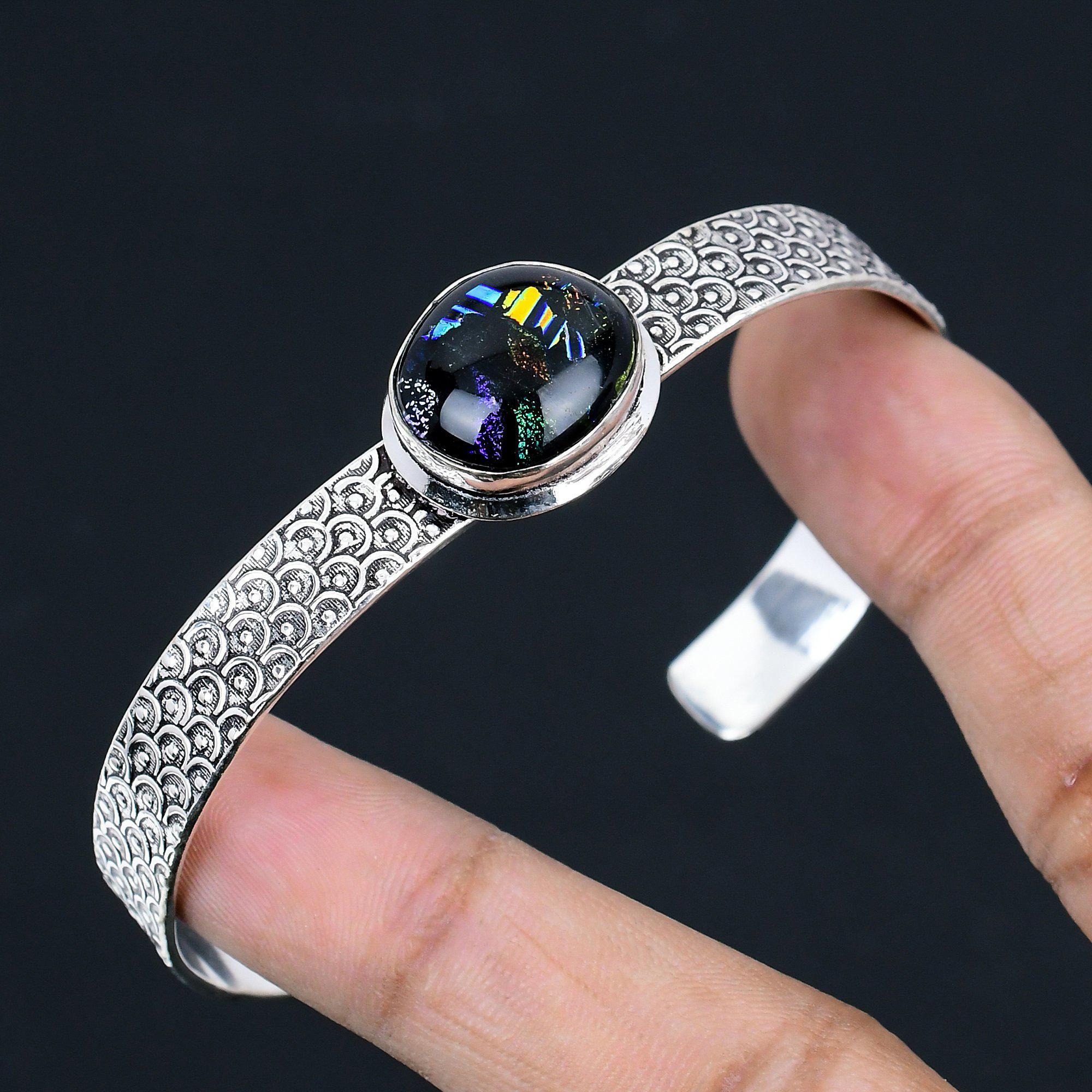 American Dichroic Glass Gemstone 925 Silver Birthday Sister Boho Bangle Bracelet