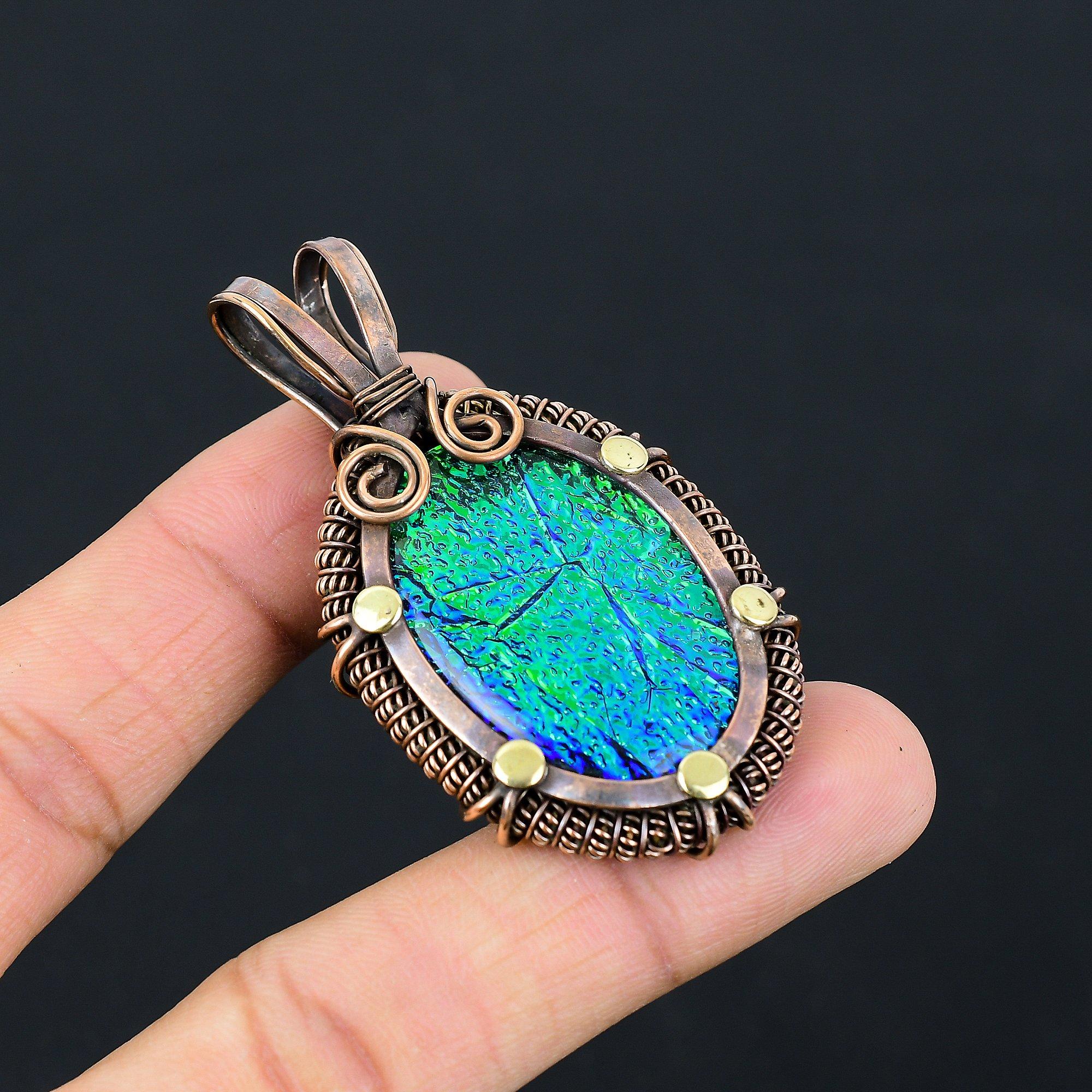 Blue Australian Triplet Opal Gemstone Pure Copper Wire Wrapped Handmade Pendant Jewelry