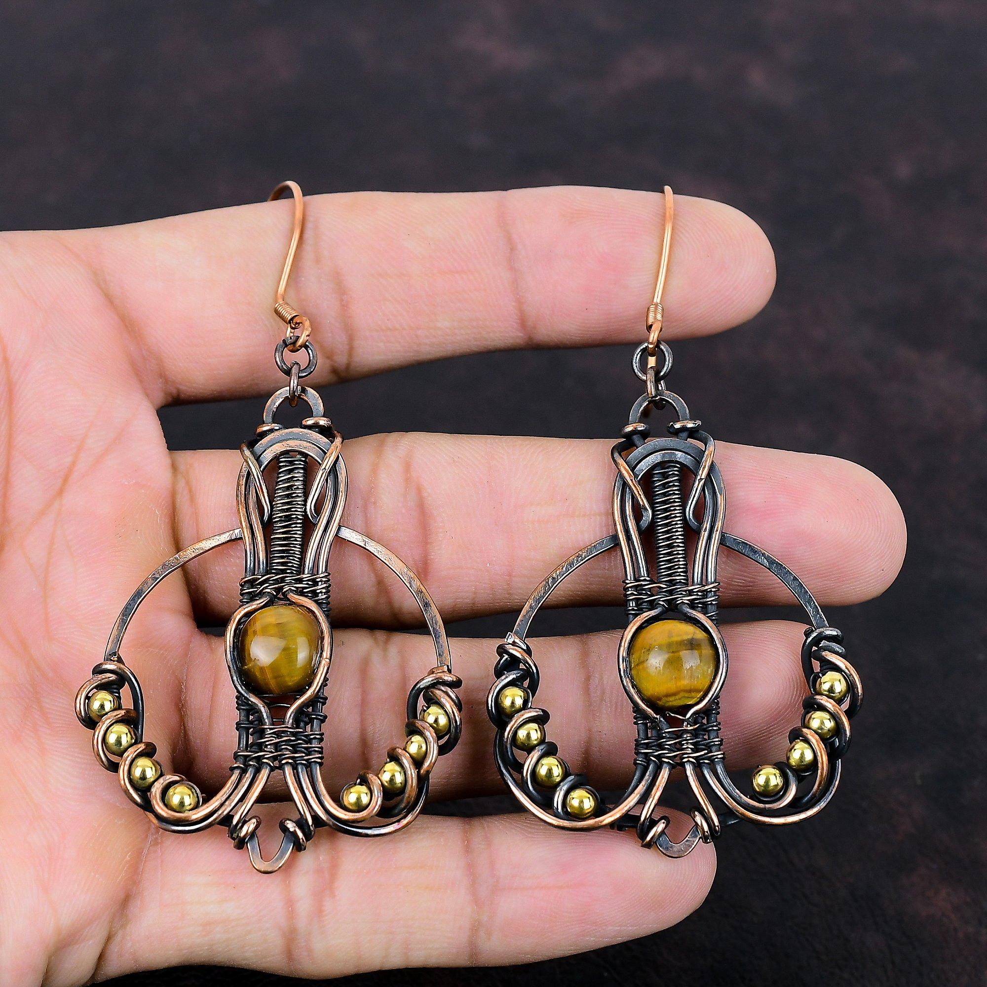 Tiger's Eye Earring Copper Wire Wrapped Earrings Gemstone Jewelry Dangle Drop Earrings Handmade Copper Jewelry Gift For Mom Designer Earring