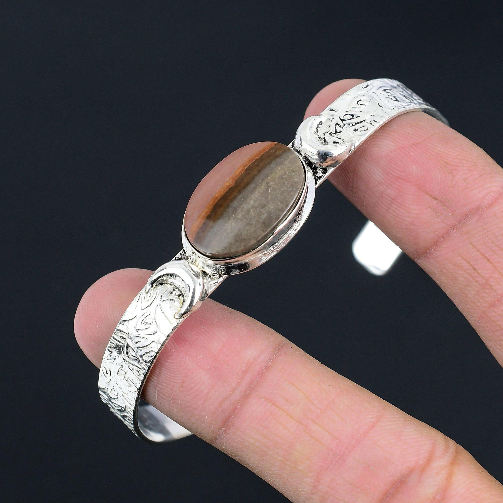 Bracelet Manchette Anniversaire Argent 925 Lune Croissante Pierre Précieuse Jaspe Paysage