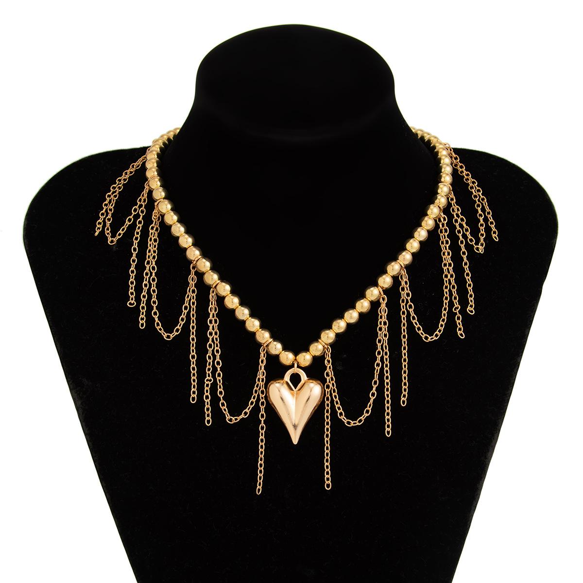 Women Beads Heart Pendant Necklace Tassel Clavicle Chain Adjustable Tassel Chain Party Jewelry Accessories