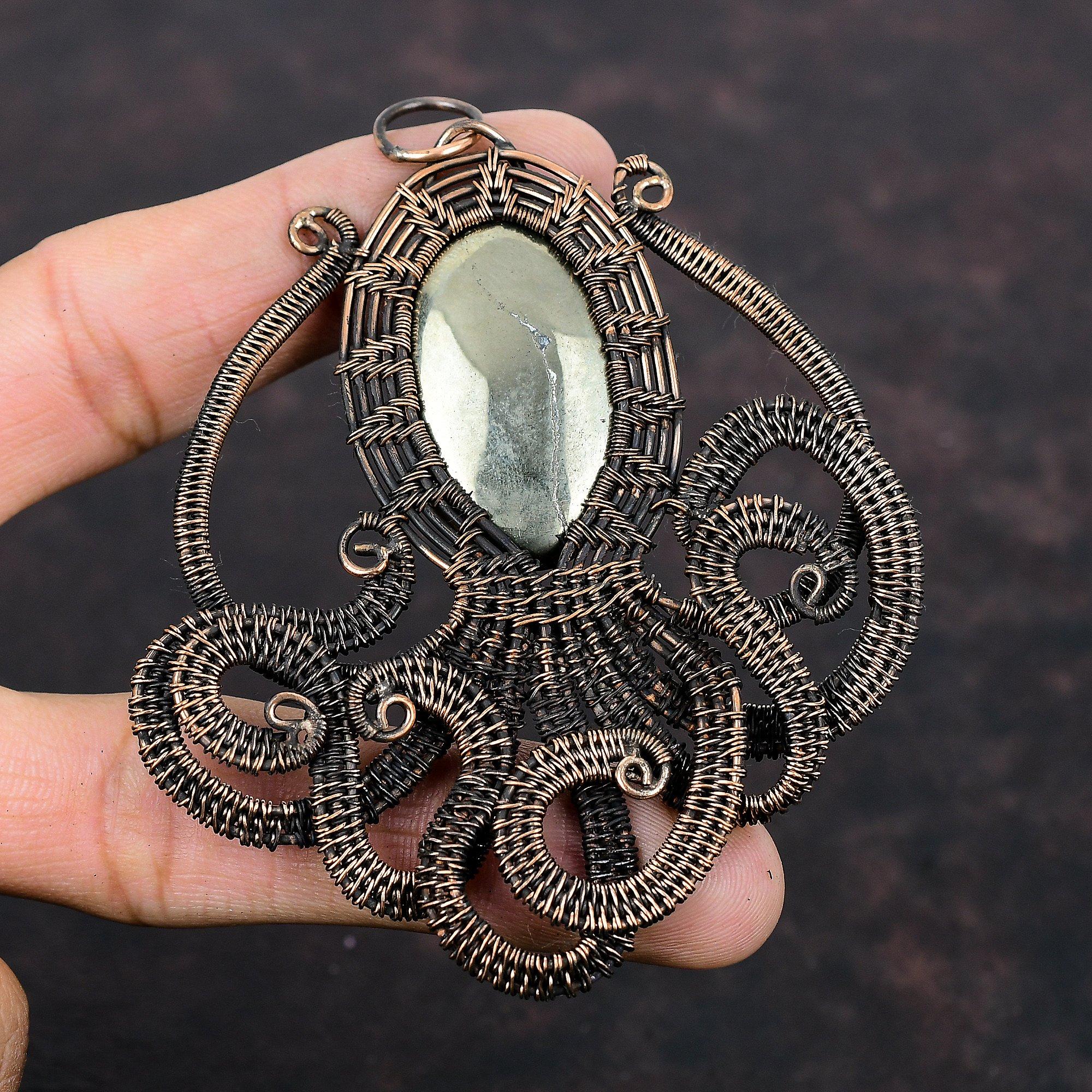 Apache Pyrite Pendant Copper Wire Wrapped Pendant Pyrite Gemstone Jewelry Handmade Pendant Copper Wire Jewelry Octopus Pendant Gift For Mom