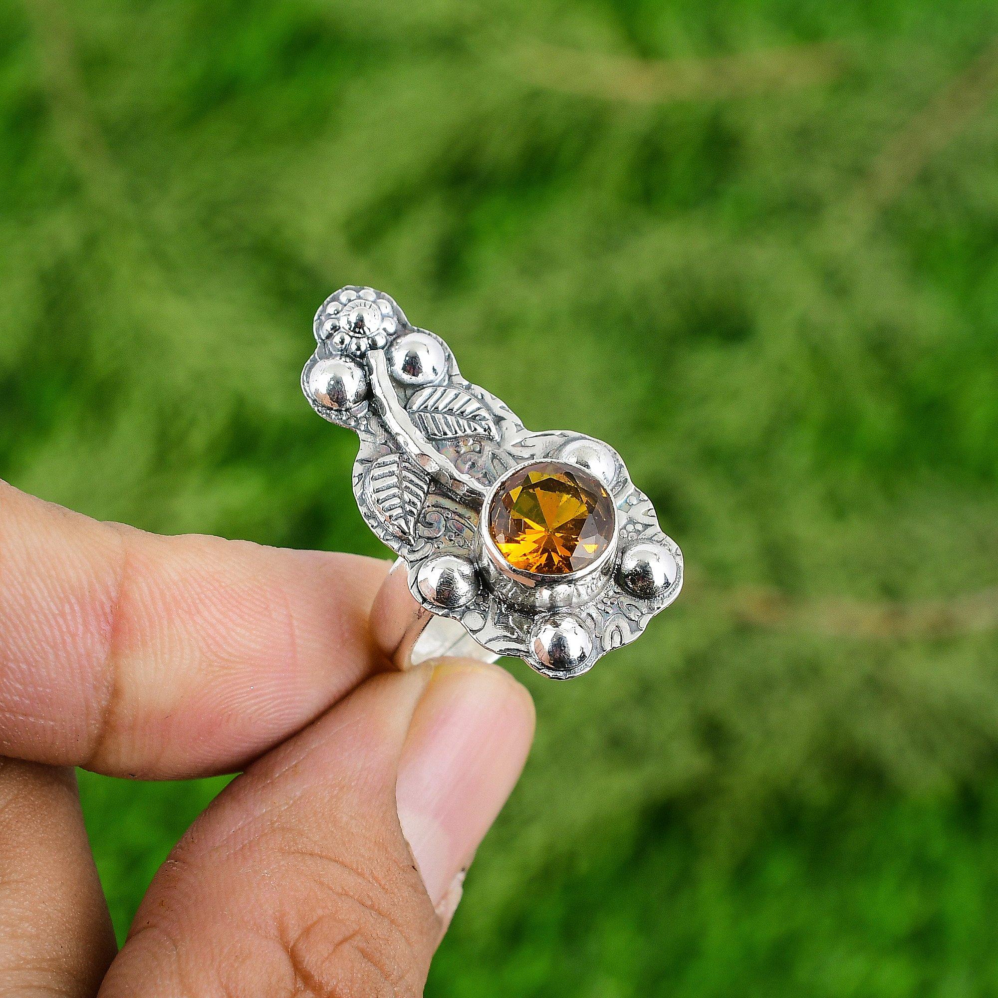 Mothers Day Sale Citrine Stone Bezel Flower Sister New Stackable Ring 925 Silver