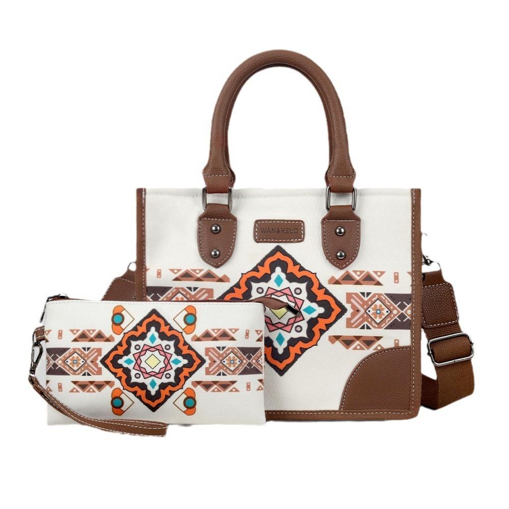 Ny etnisk stil bohemsk dameveskesett Retro lerret Horisontalt kvadratisk kvinnelig tøyveske Moteutskrift Bærbar messenger bag for damer med lommebok