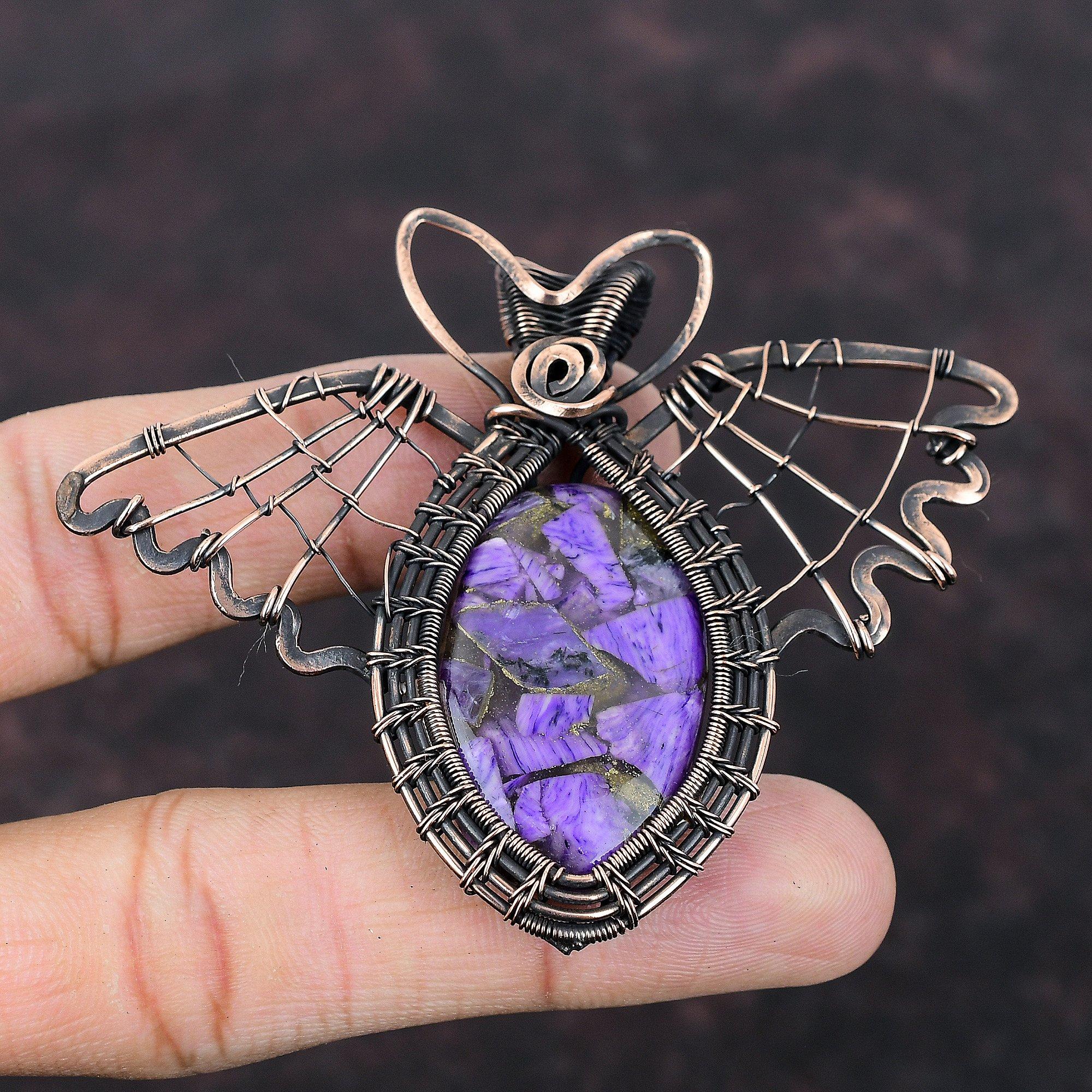 Pandantiv Charoit Cupru Pandantiv Înfășurat în Sârmă de Cupru Bijuterii cu Piatră Prețioasă Pandantiv Fluture Făcut Manual Bijuterii Design Unic din Cupru Cadou Pentru Mamă