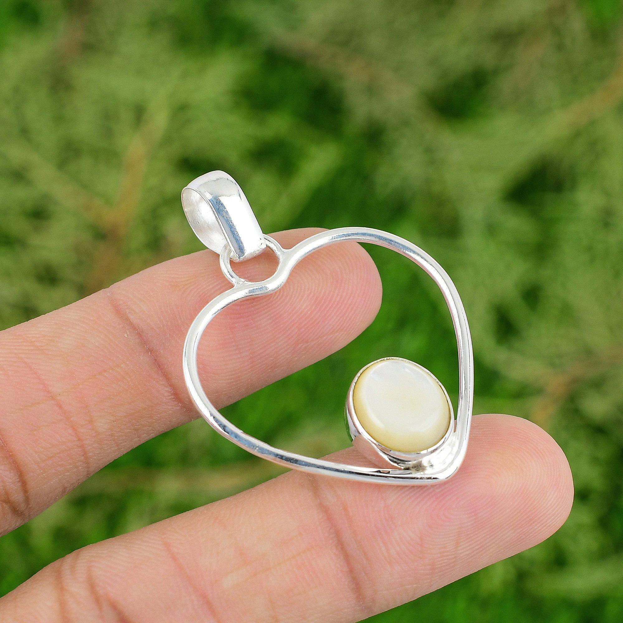 Daughters Day Sale Sterling Silver Oval Mother Of Pearl Stone Wife Heart Pendant