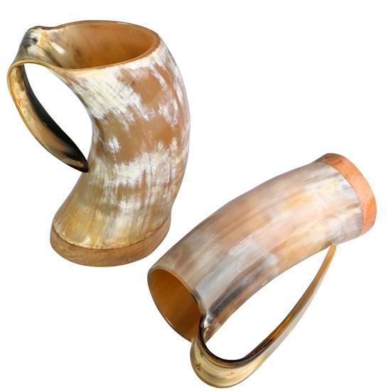 15.24 cm Handmade Viking Horn Mugs Set of 2m Medieval Mead Cups with Wooden Base