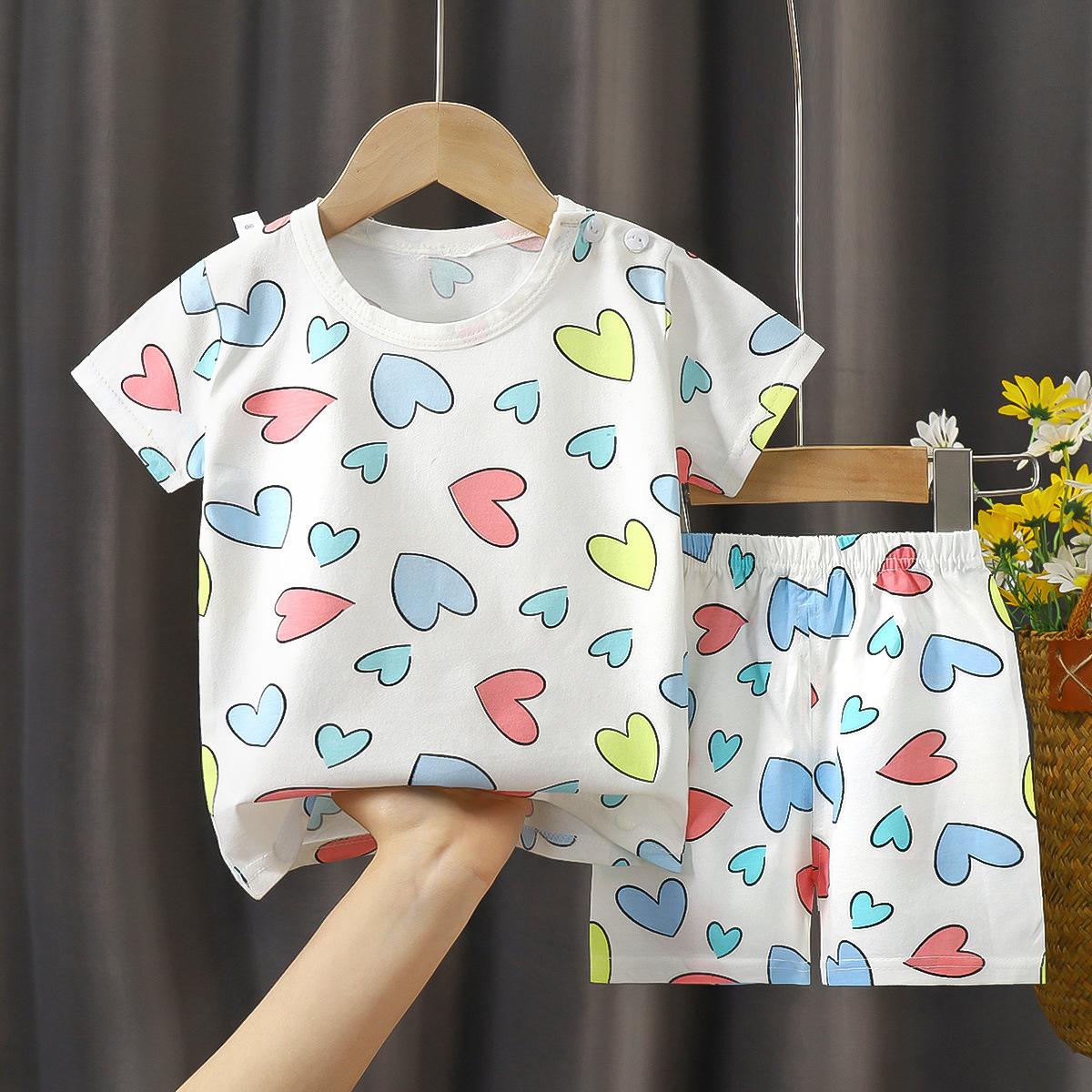 Kids Cotton Short Sleeve 2Pcs Set, Summer Shoulder Snap T-shirt & Shorts for Toddler Boys Girls