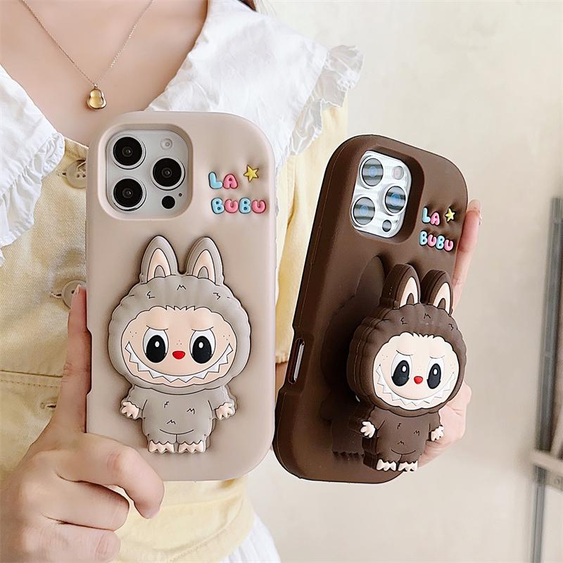 3D Cute Labubu Holder Phone Case For iPhone 17 16 15 14 13 12 11 Pro Max 16E Soft Silicone Cover