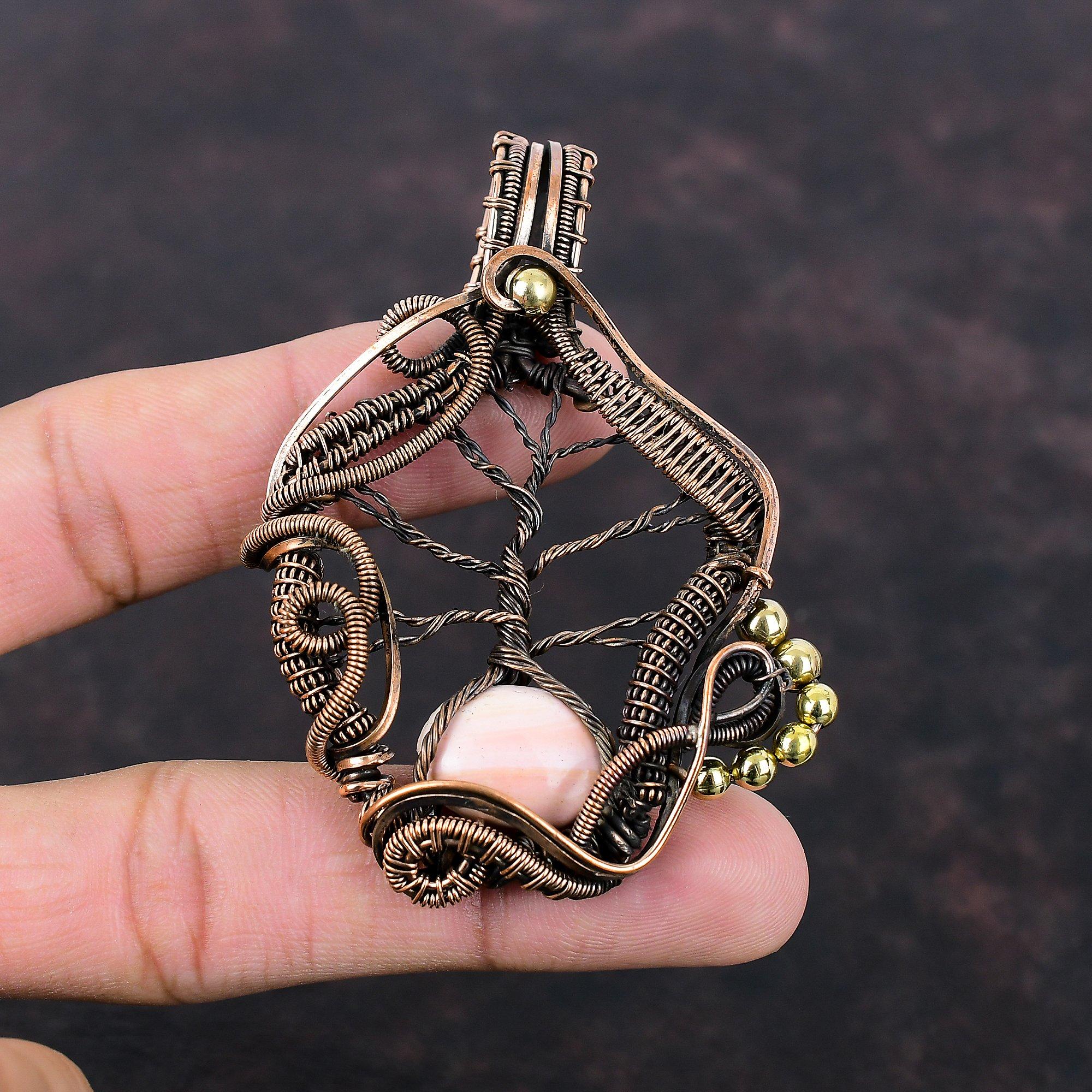 Tree Of Life Pink Opal Pendant Copper Wire Wrapped Pendant Gemstone Copper Jewelry Handmade Pendant Decent Pendant Wire Jewelry Gift For Mom