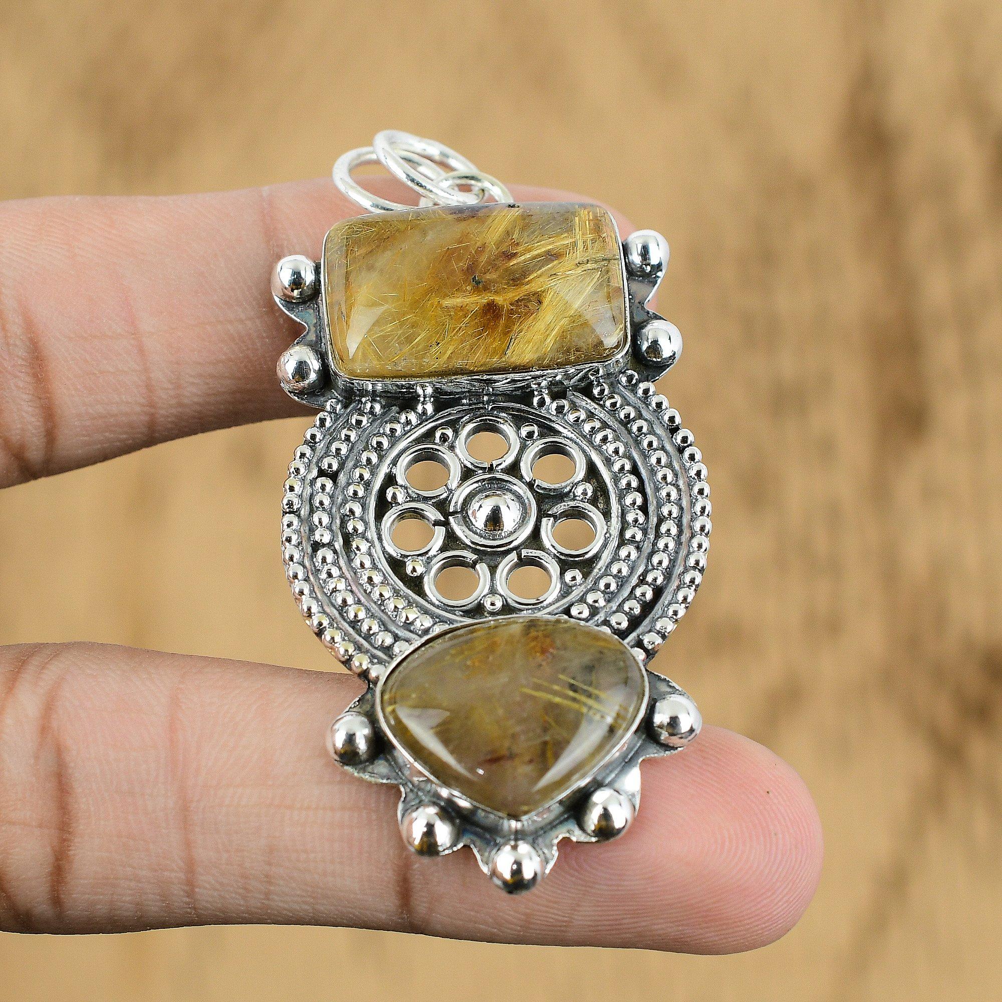 Natural Golden Rutile Gemstone Pendant 925 Sterling Silver Jewelry For Women