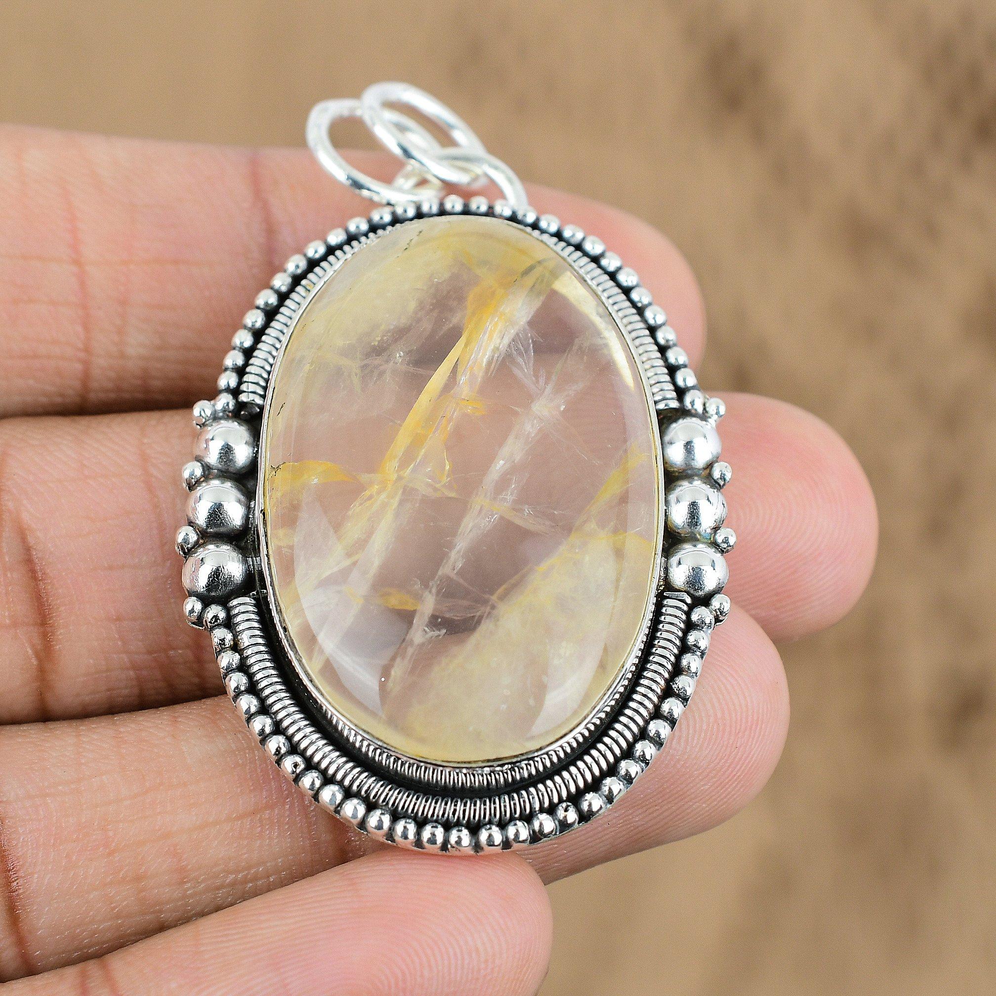 Womens day Sale Sterling Silver Oval Plume Agate Stone Birthday Pendant Jewelry