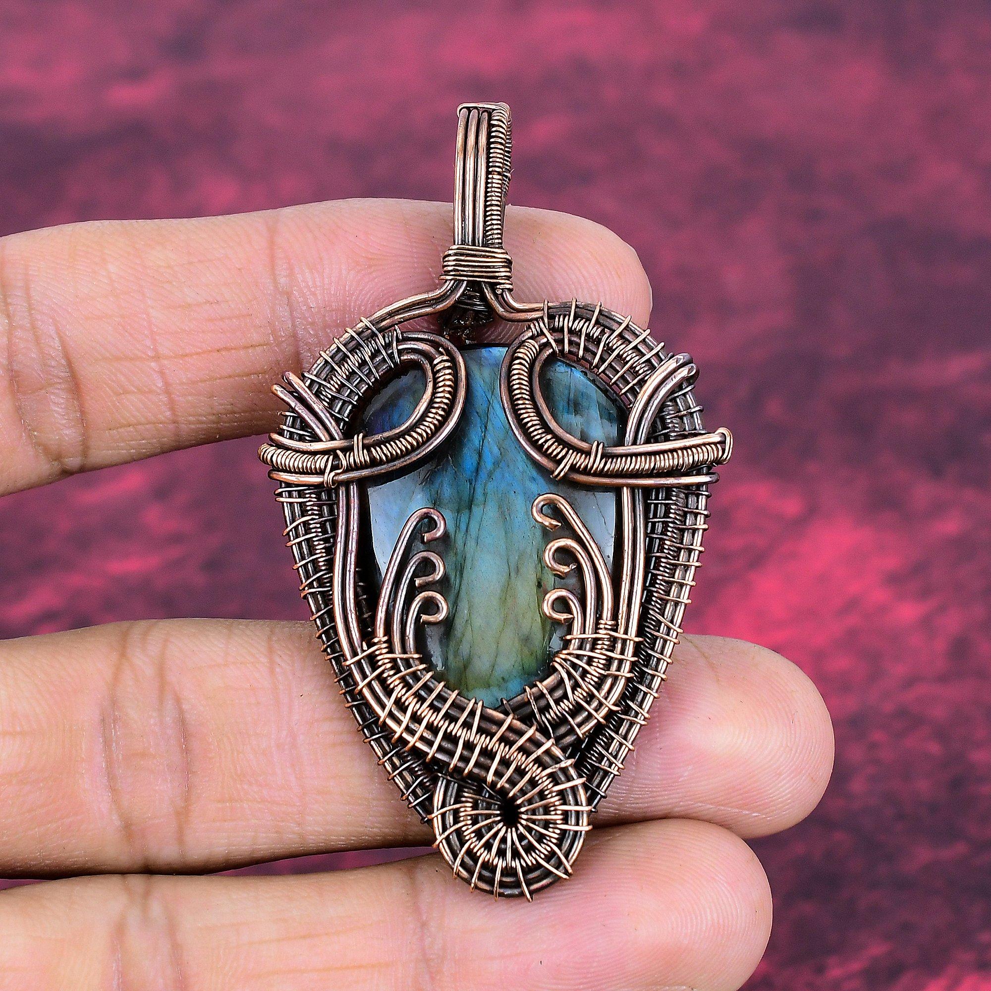 Labradorite Pendant Copper Wire Wrapped Pendant Handmade Natural Gemstone Jewelry