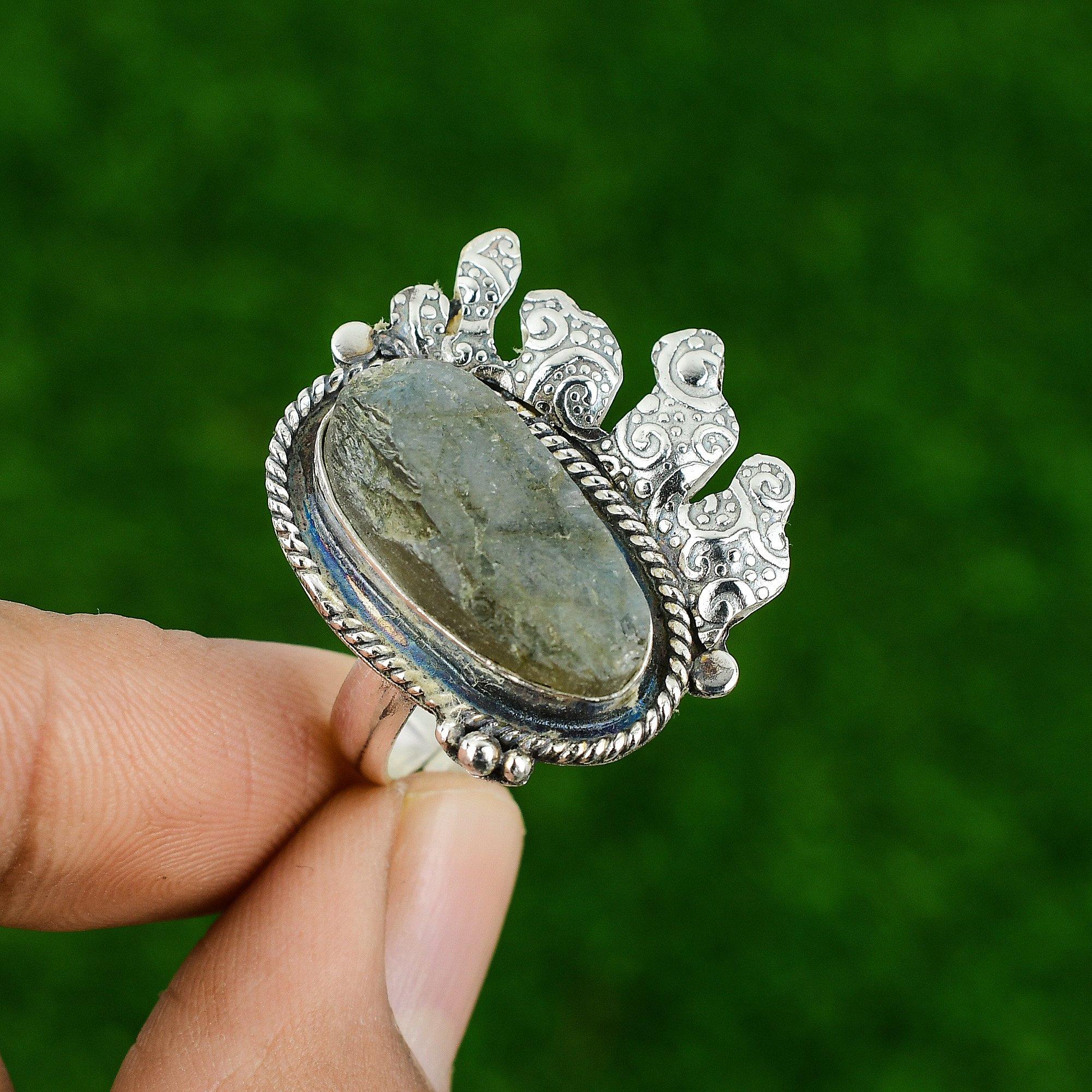 Natural Labradorite Rough Gemstone Promise Adjustable Ring 925 Silver For Women