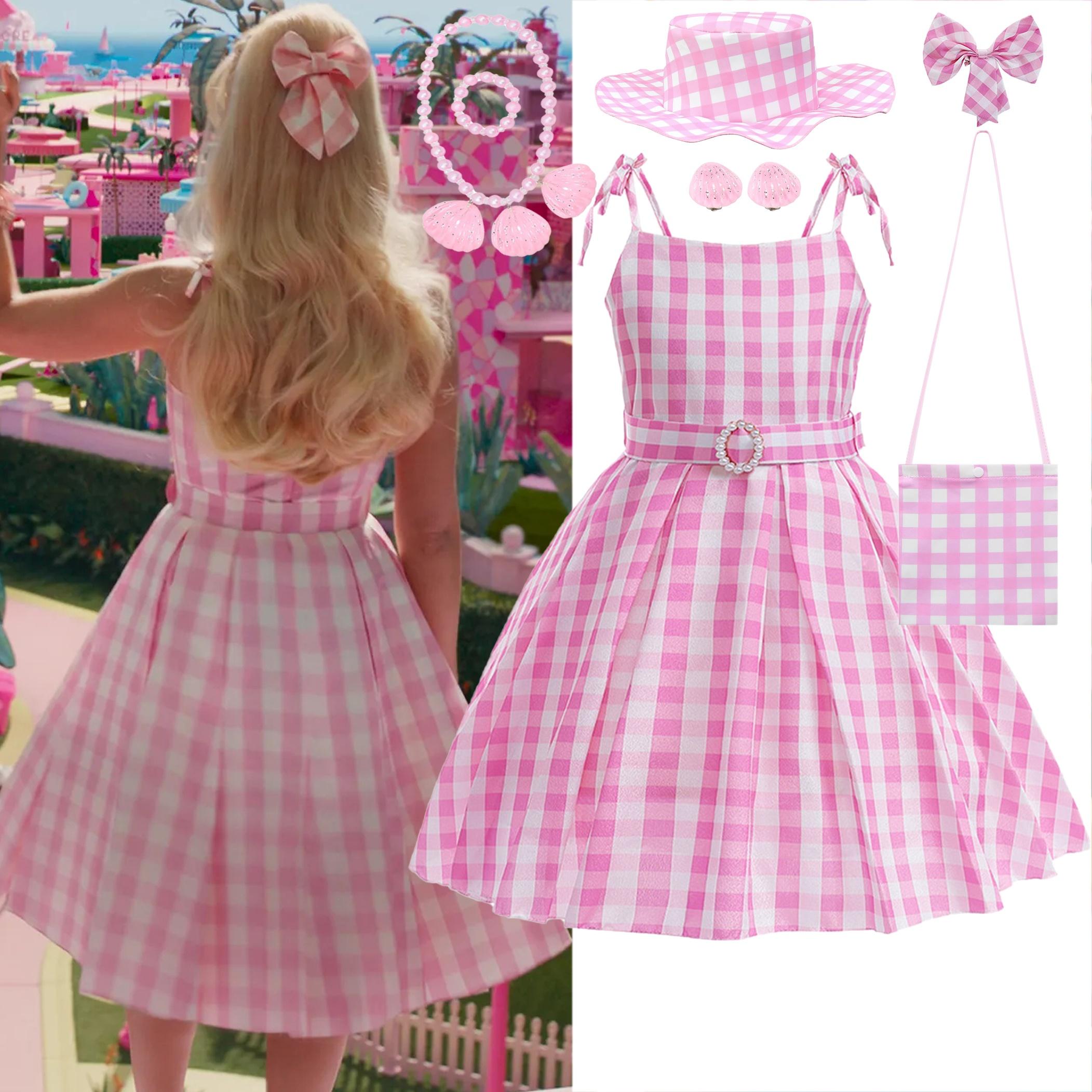 Movie Princess Bow Pink Plaid Girls Dress Children Costume Role Play Kids Party Dresses for Girl Birthday Gown