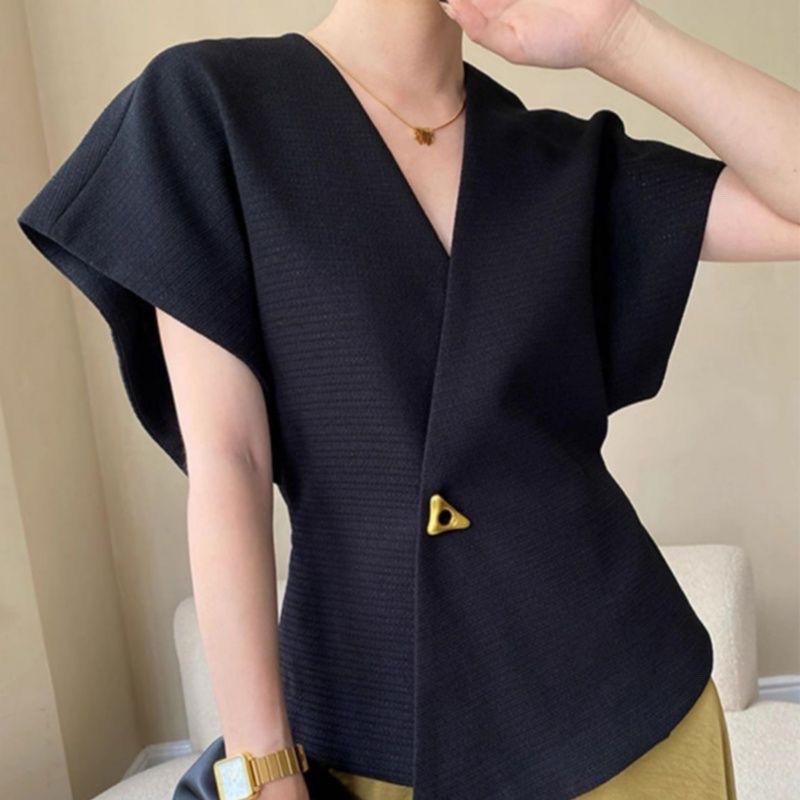Μονόκουμπο Βαμβακερό Γιλέκο Μόδας για Λεπτή Μέση Γαλλικό Κομψό Ασύμμετρο Μπλέιζερ Μανίκια Που Φτάνουν στους Ώμους Αμάνικο Σχέδιο Γιλέκου Τοπ