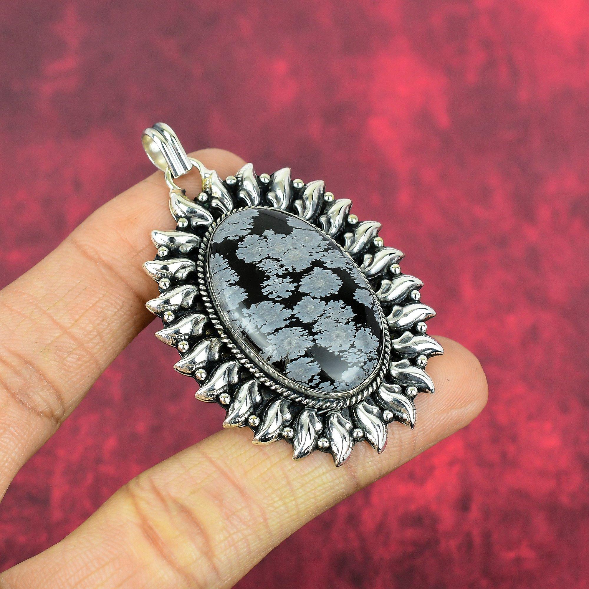 Wisiorek z obsydianu w kształcie płatka śniegu, 925 solidne srebro próby 925, ręcznie robiony delikatny wisiorek z kamieniami szlachetnymi, dla niej