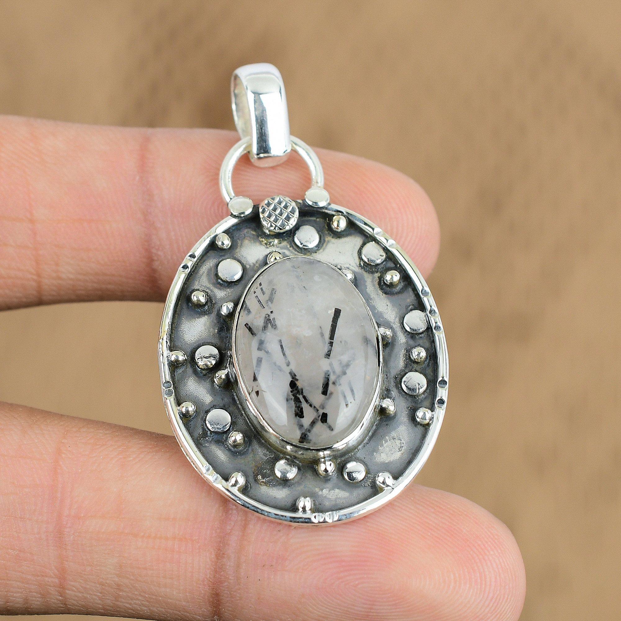 Easter Deal Oval Black Rutile Stone 925 Sterling Silver Engagement Boho Pendant