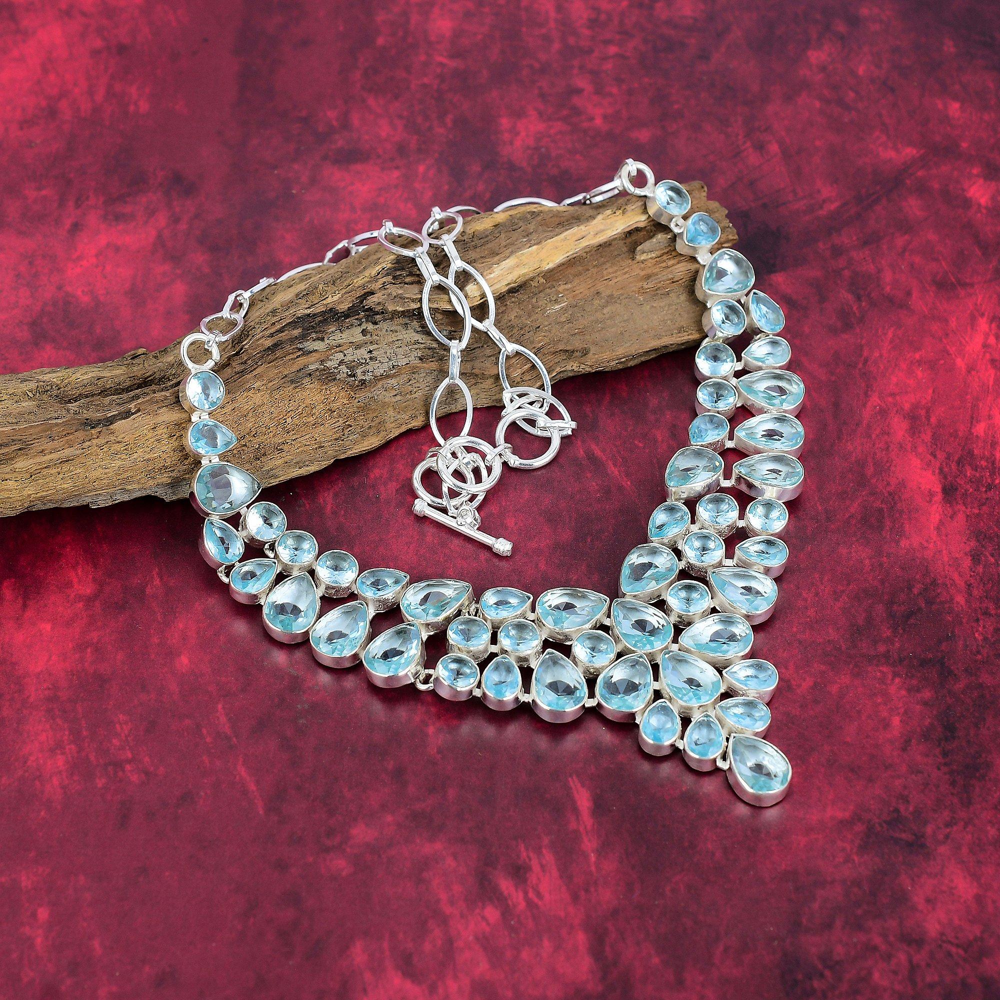 Blue Topaz 925 Solid Sterling Silver Necklace with Adjustable Chain, Handmade Gemstone Jewelry Necklace For Memorial Day