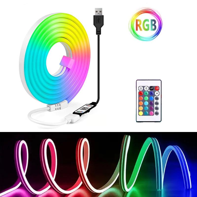 RGB LED Neon Strip – USB Powered 5V Flexible Neon Lights with Bluetooth Music Sync & 24-Button Remote for Party Room Home Decor