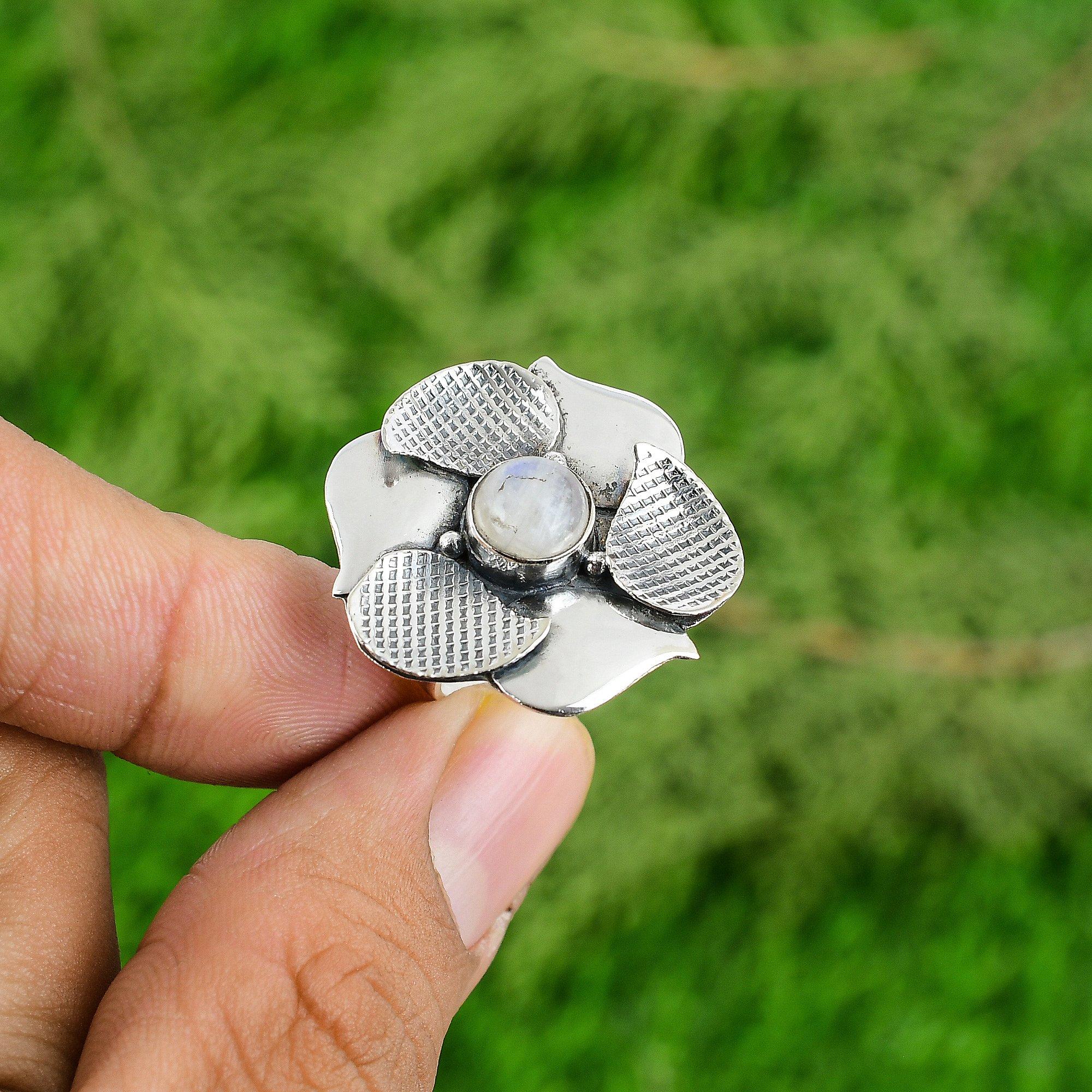 Natural Rainbow Moonstone Daughter Stackable Flower Ring Jewelry Sterling Silver