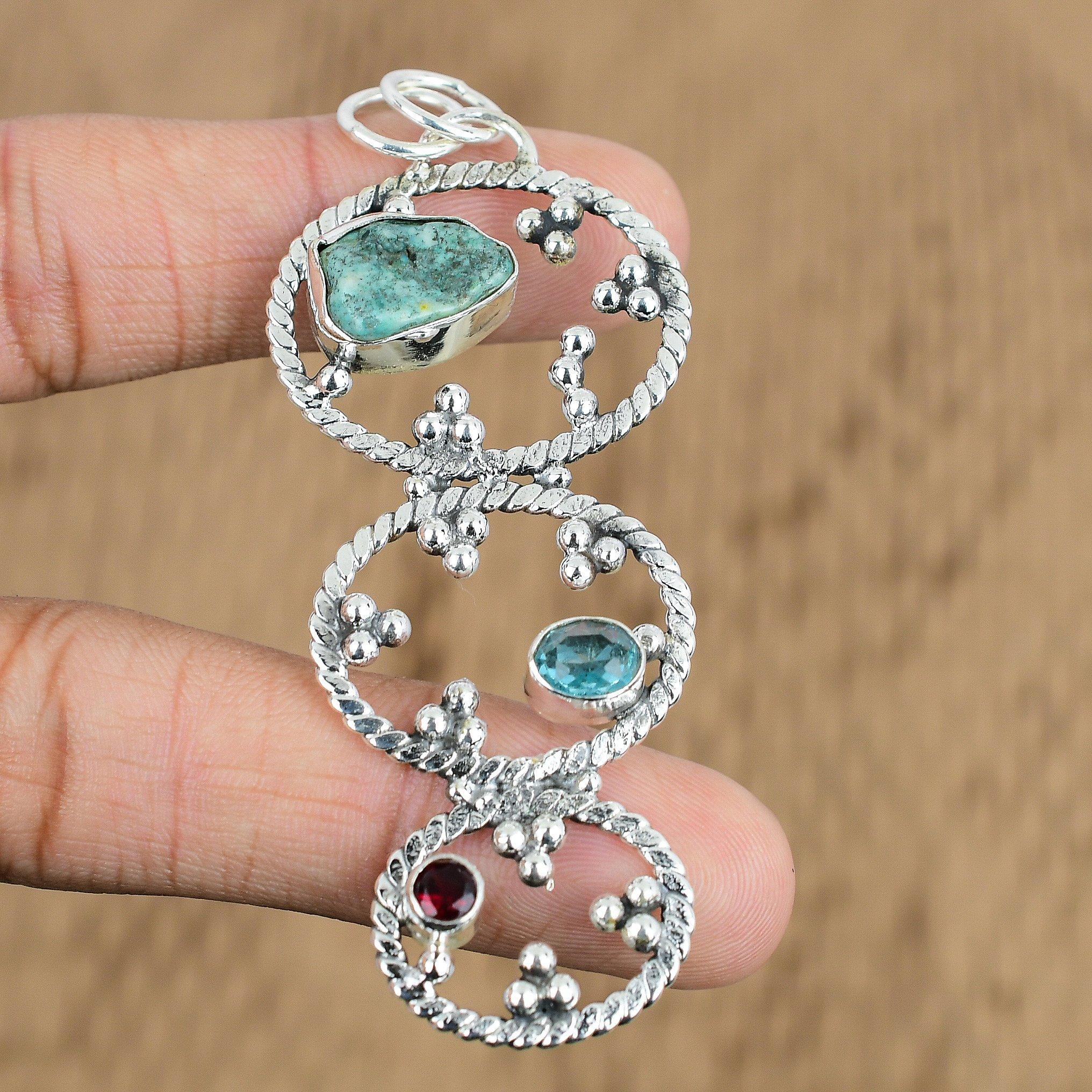 Natural Tibetan Turquoise Swiss Blue Topaz Daughter Pendant 925 Sterling Silver