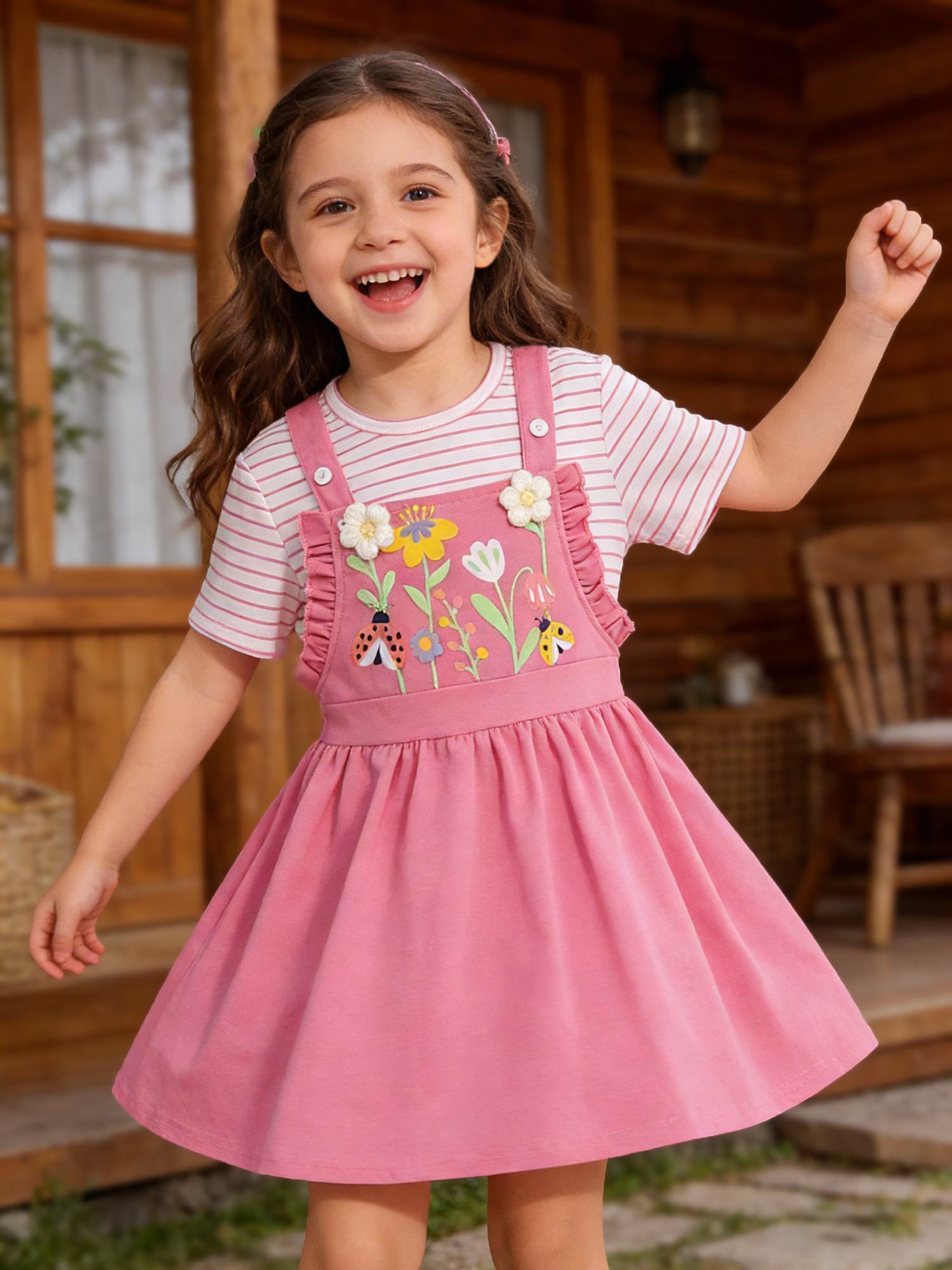 Girl's 2 Piece Outfit Printed Flower Dress with Striped Short Sleeve T Shirt, Summer Clothes Sets for 4-7 Years Kids