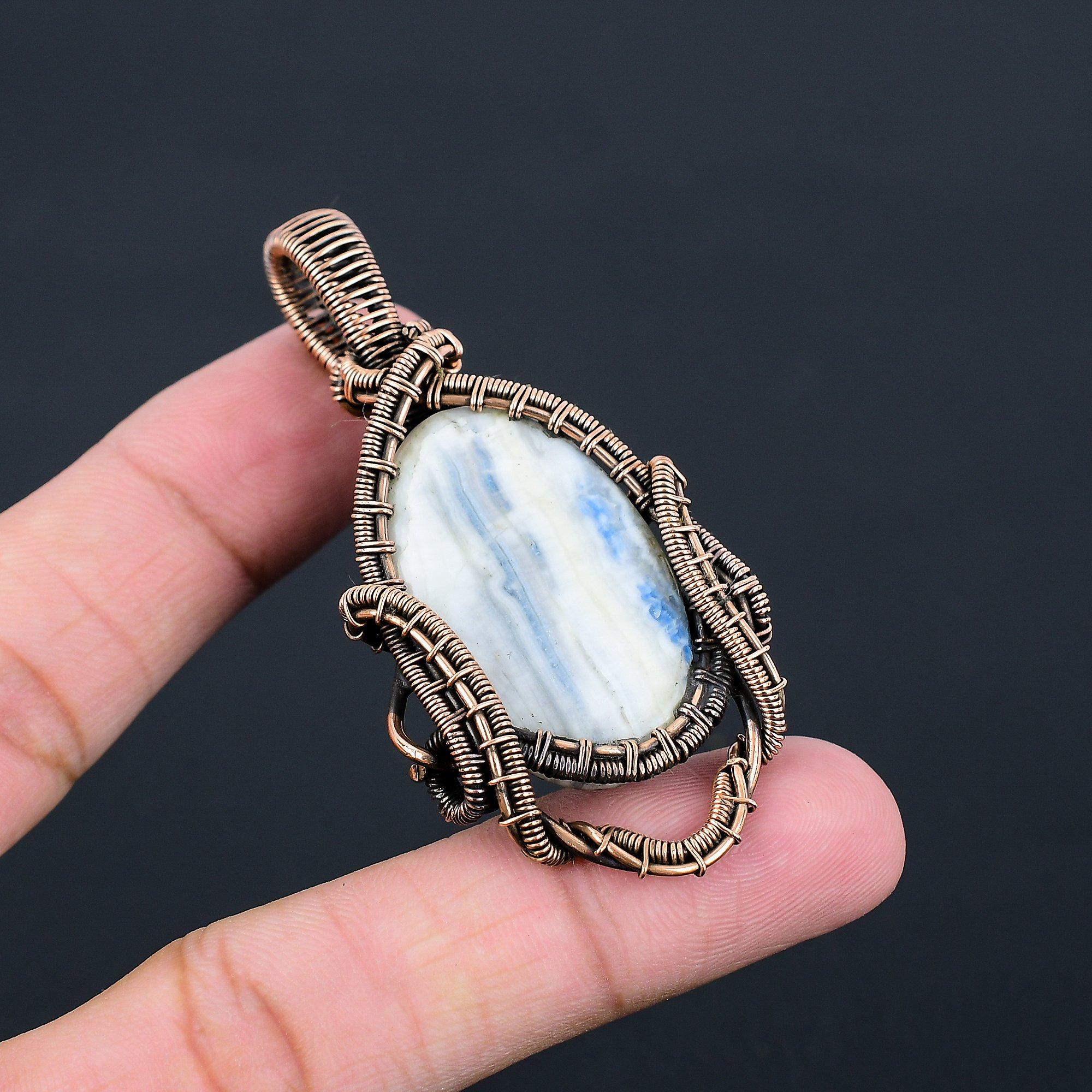 Blue Scheelite Gemstone Pure Copper Wire Wrapped Handmade Pendant Jewelry For Gift