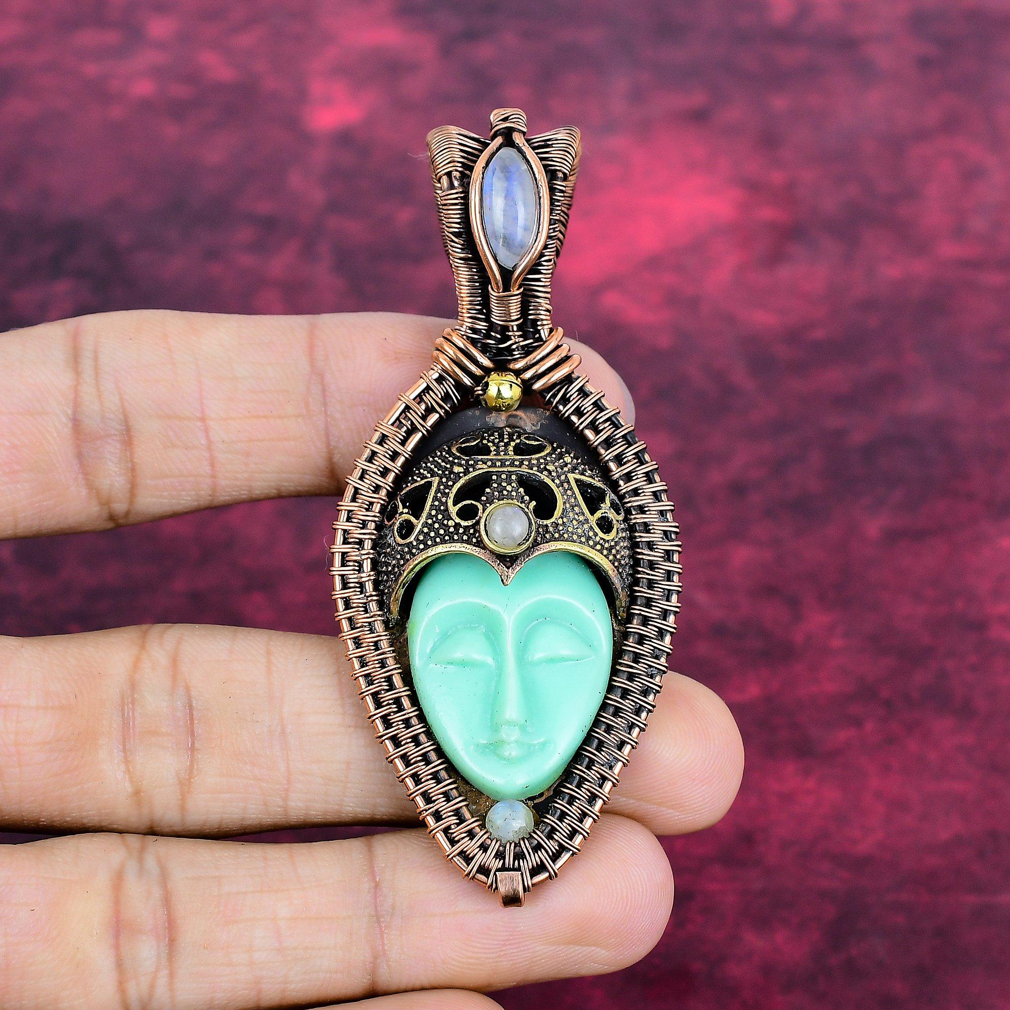 Green Carved Bone Face Pendant Copper Wire Wrapped Rainbow Moonstone Jewelry