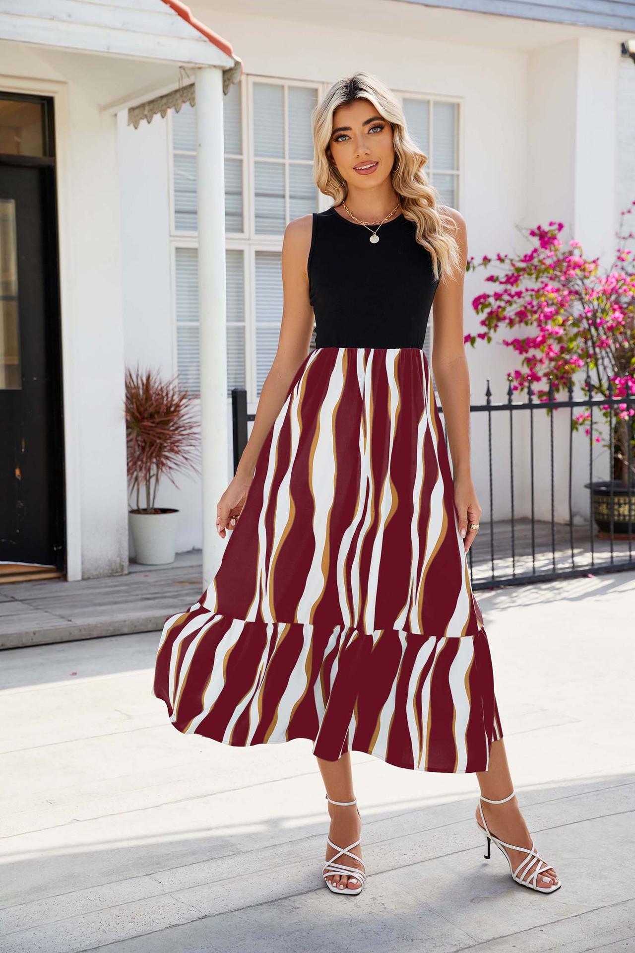 Robe à col rond et taille contrastée pour femme, nouvelle collection printemps/été 2024