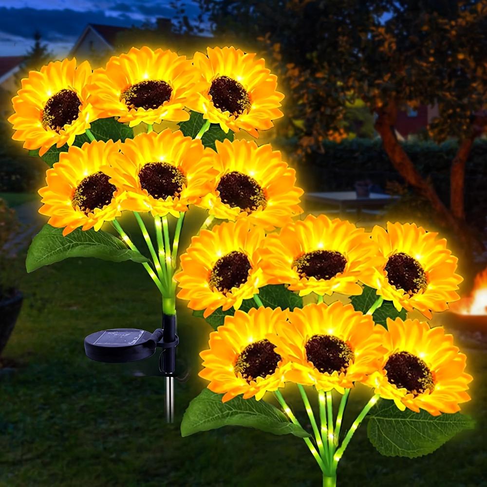 Garden Solar Light Green Leather Pole with Light Big Head Sunflower 6 Heads Solar Power Supply with Automatic Switch Induction Garden Decoration