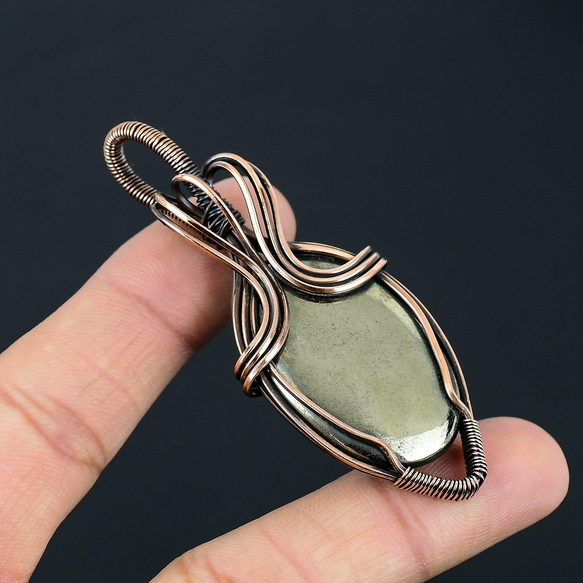 Golden Apache Pyrite Gemstone Pure Copper Wire Wrap Handmade Unique Jewelry Pendant