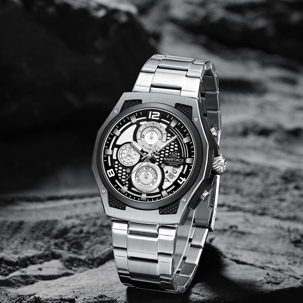 Naviforce Watch for Men Calendar Chronograph Stainless Steel Strap Luminous Waterproof Fashion Casual Outdoor Sports Men's Wristwatch NF8051S