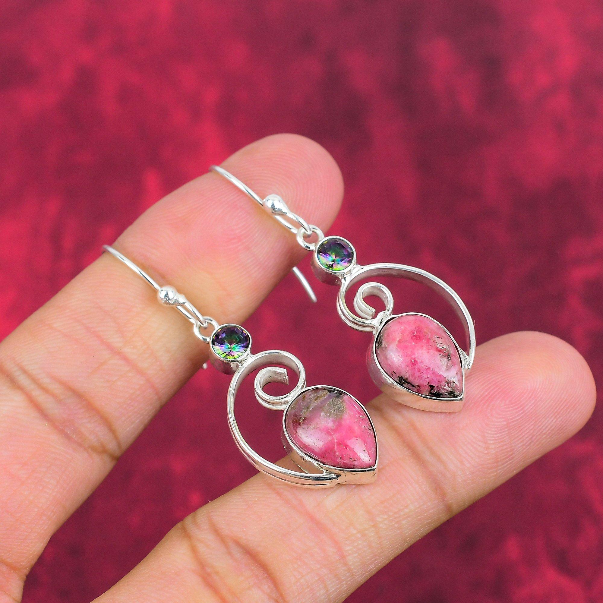 Rhodonite, Mystic Topaz Earrings Gemstone Jewelry, 925 Solid Sterling Silver Handmade Earrings, Latest Design Jewelry
