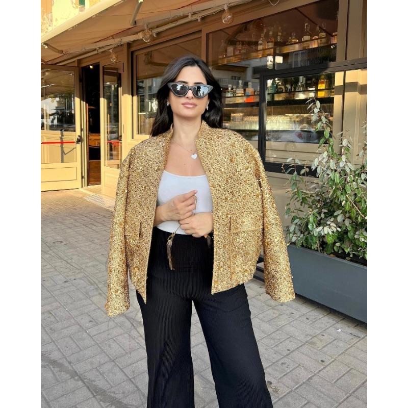 Pearl Embellished Stand Up Collar Jacket Women's Loose Long Sleeved Solid Color Coat Autumn Fashion Elegant Unique Outerwear