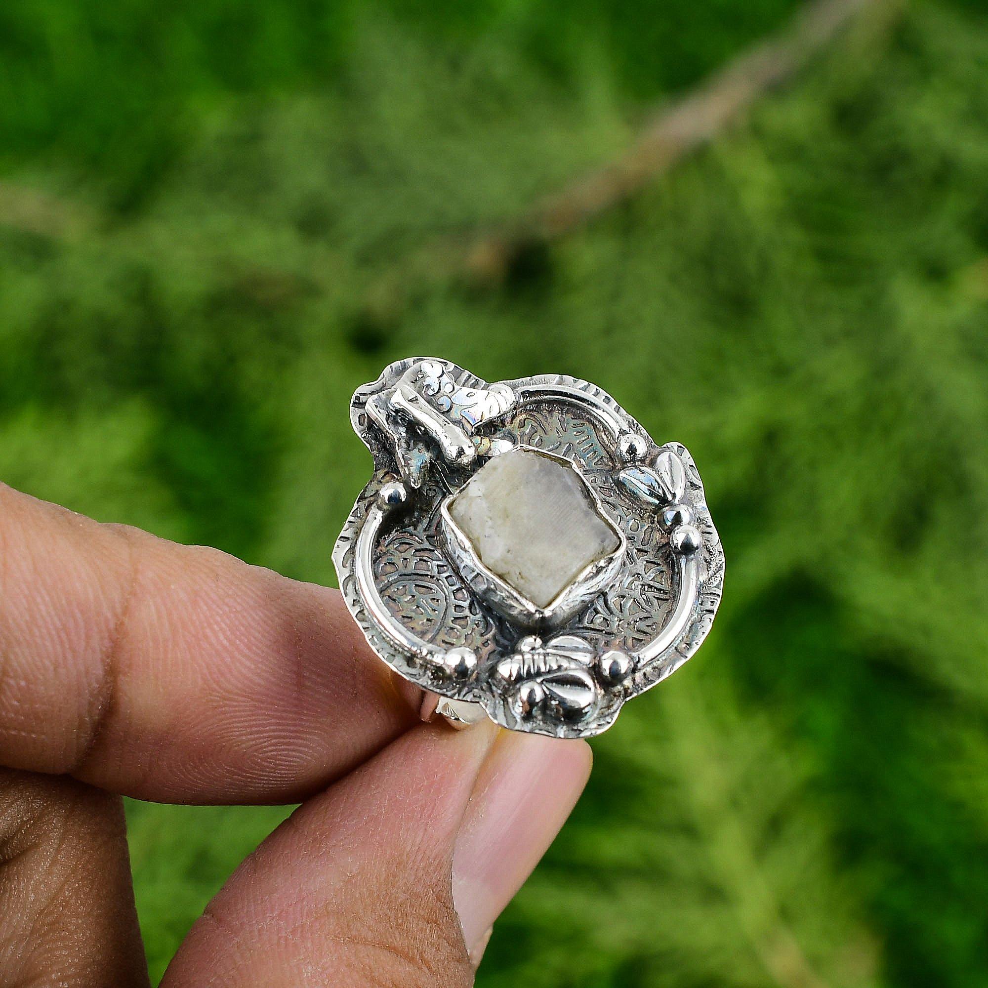 Rainbow Moonstone Rough Gemstone Statement Handcrafted Ring 925 Sterling Silver