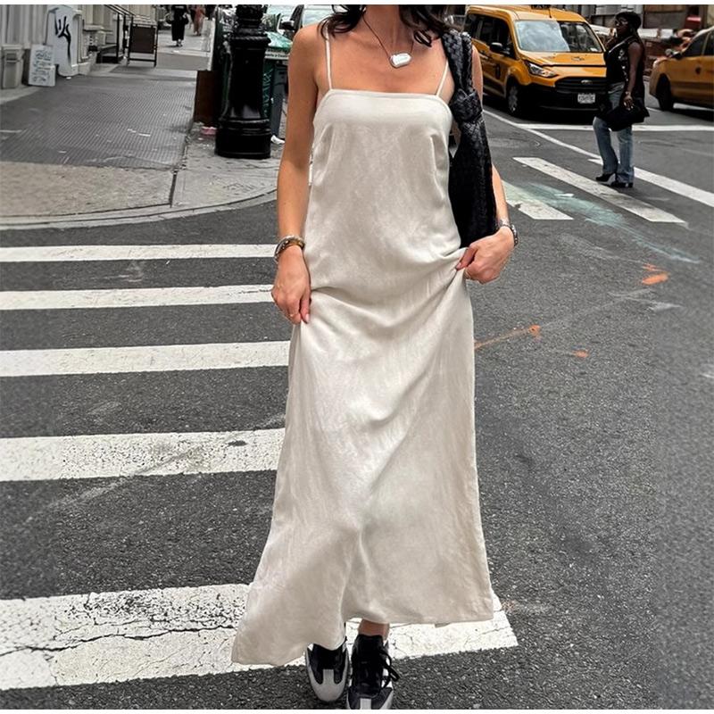 Elegant Cotton Lined Slip Dress Women Solid Color Tube Sleeveless Long Dresses Female 2025 Spring Summer Fashion Lady Beach Dress
