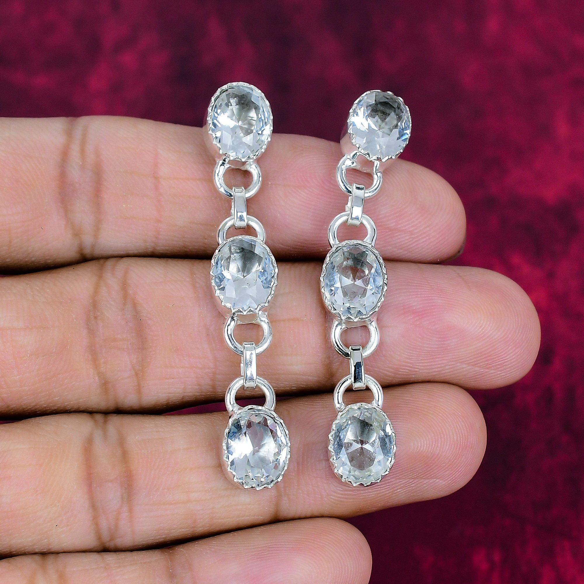 White Topaz 925 Solid Sterling Silver Earrings, Handmade Gemstone Jewelry Earrings For Memorial Day