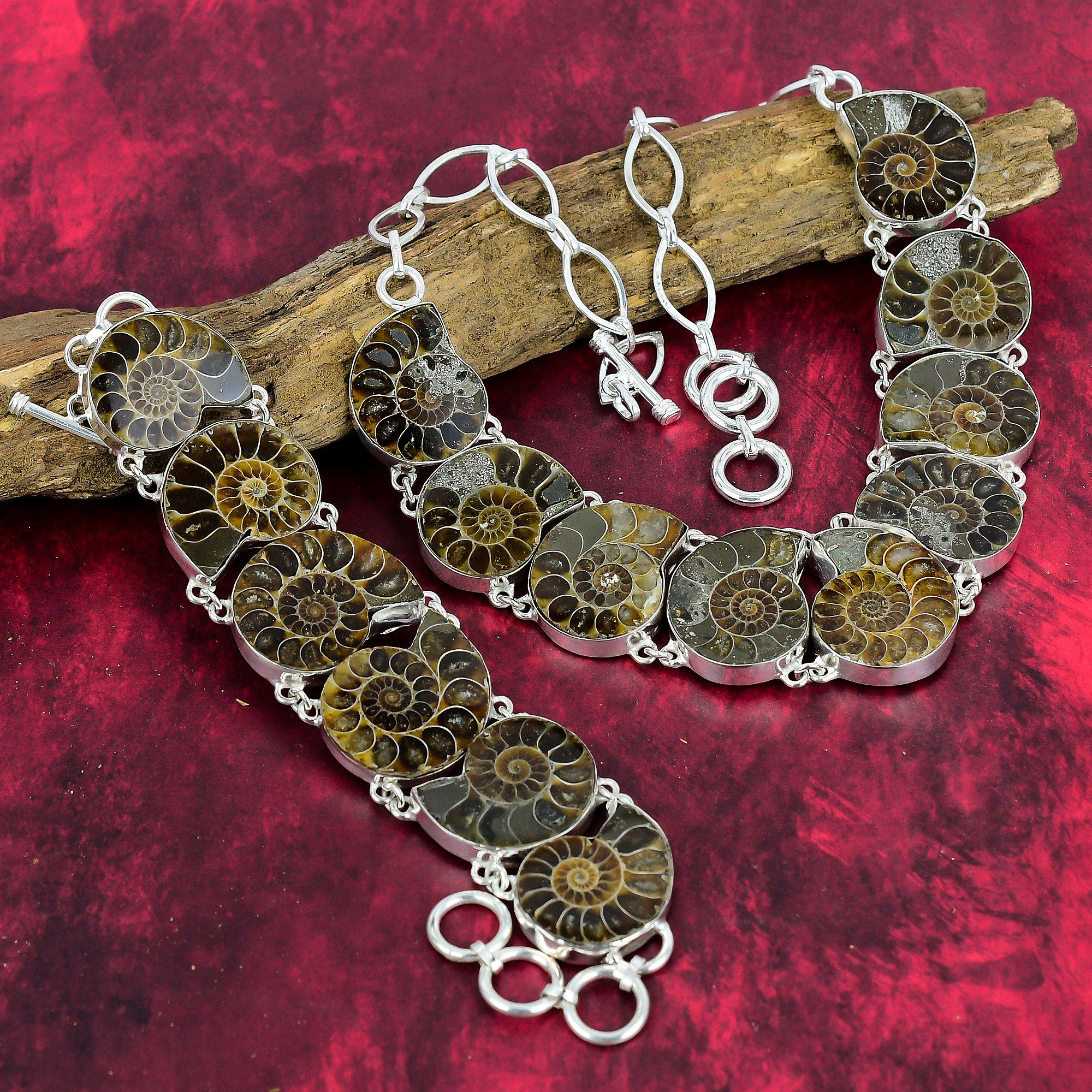 Ammonit Fossil Edelstein Schmuckset 925 Sterling Silber, handgemachtes tolles Armband & Halskette Schmuckset für Sie